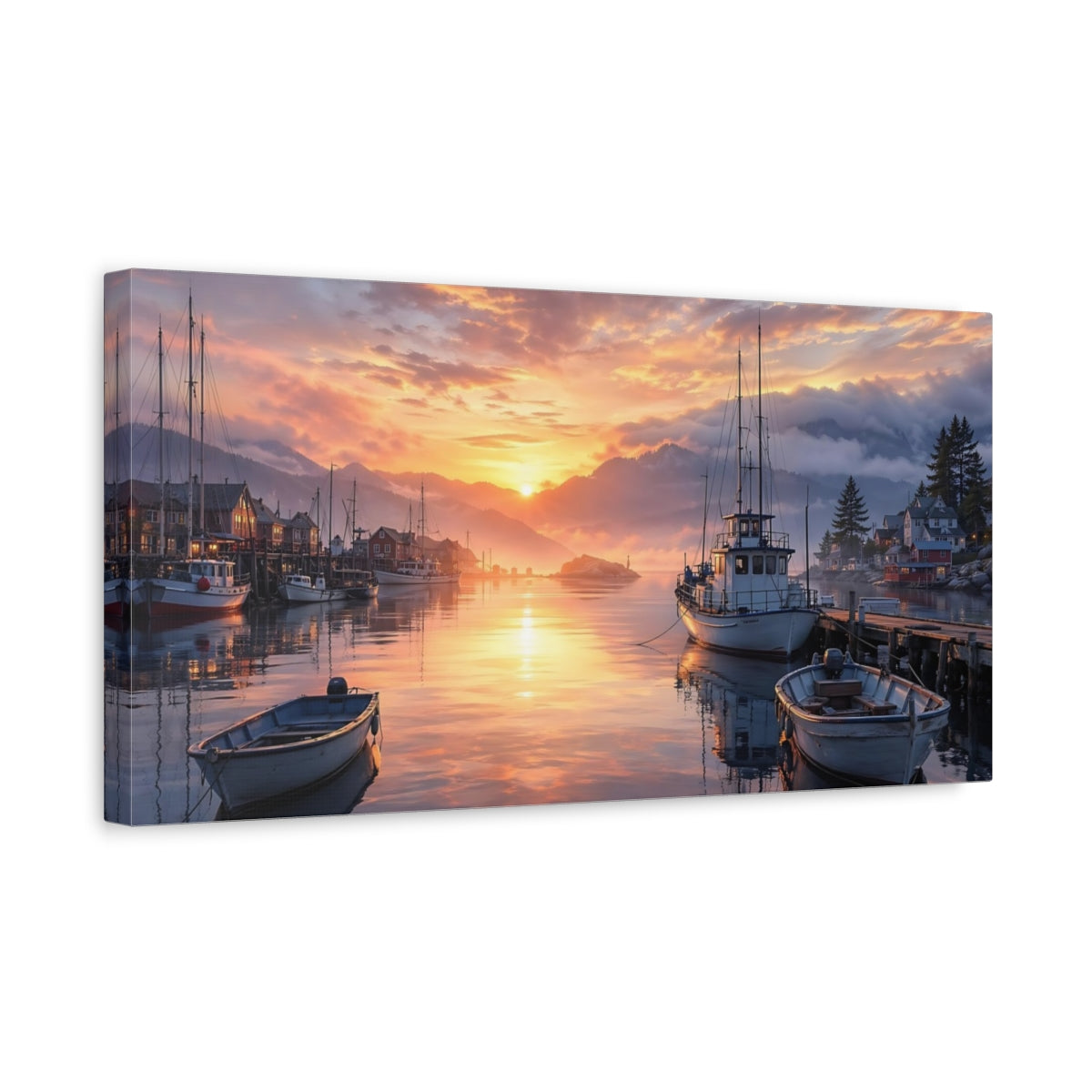 Side Mockup 3. Nature Coastal Harbor Golden Hour Harbor shown as stretched canvas wall art