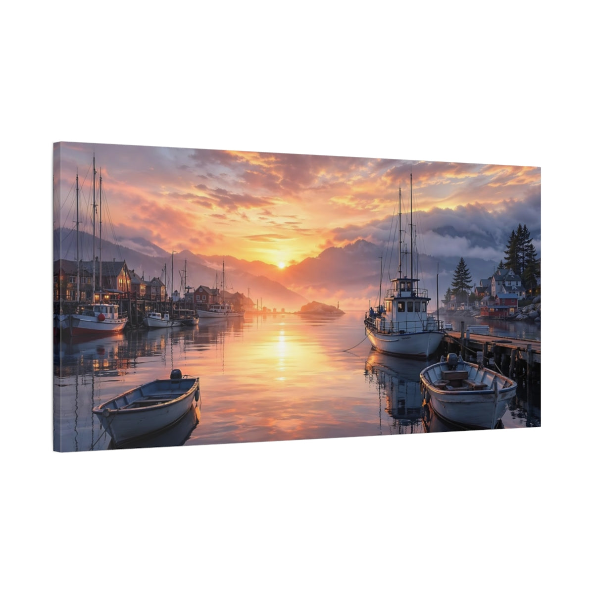 Main Mockup. Nature Coastal Harbor Golden Hour Harbor shown as stretched canvas wall art