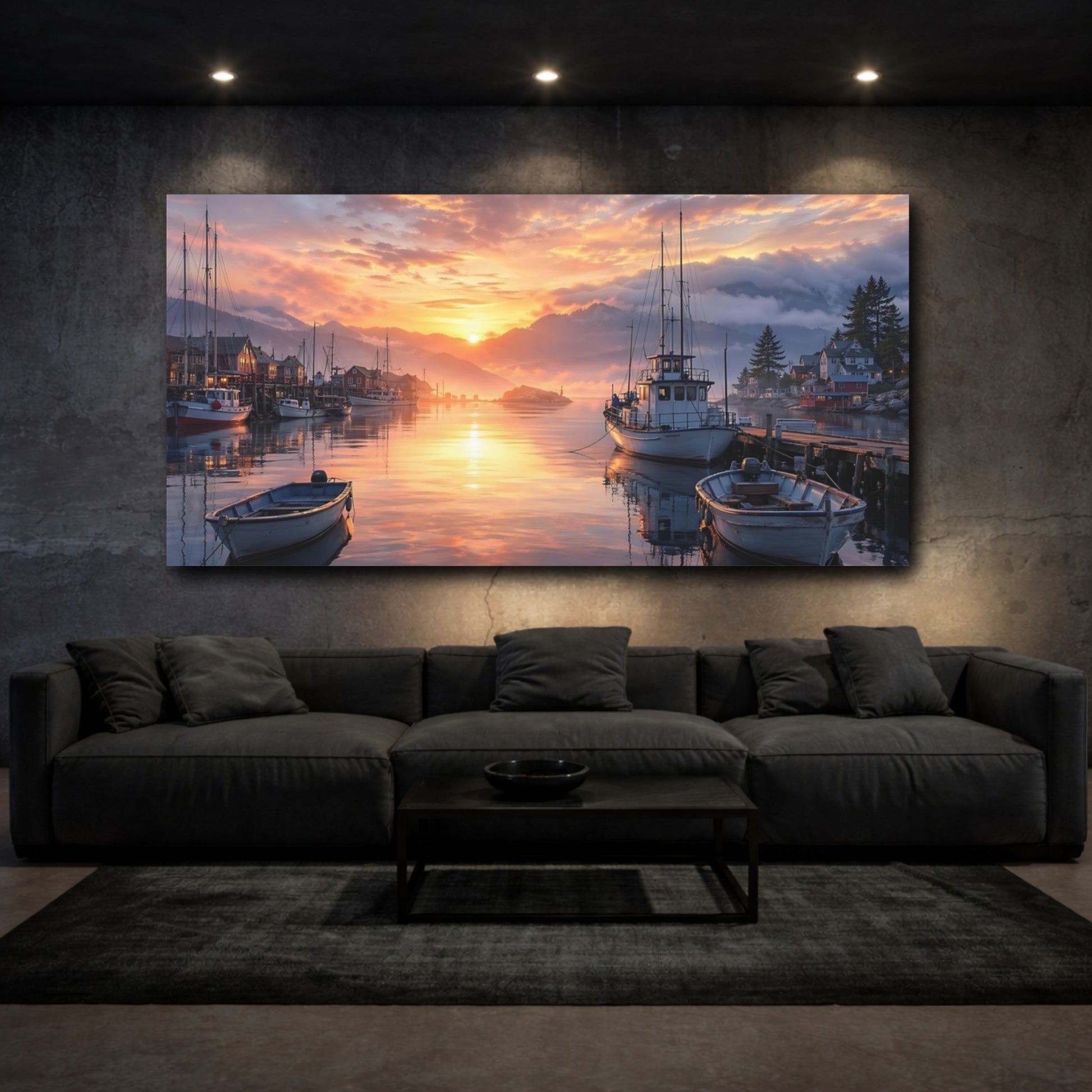 Mockup 2. Nature Coastal Harbor Golden Hour Harbor shown as stretched canvas wall art