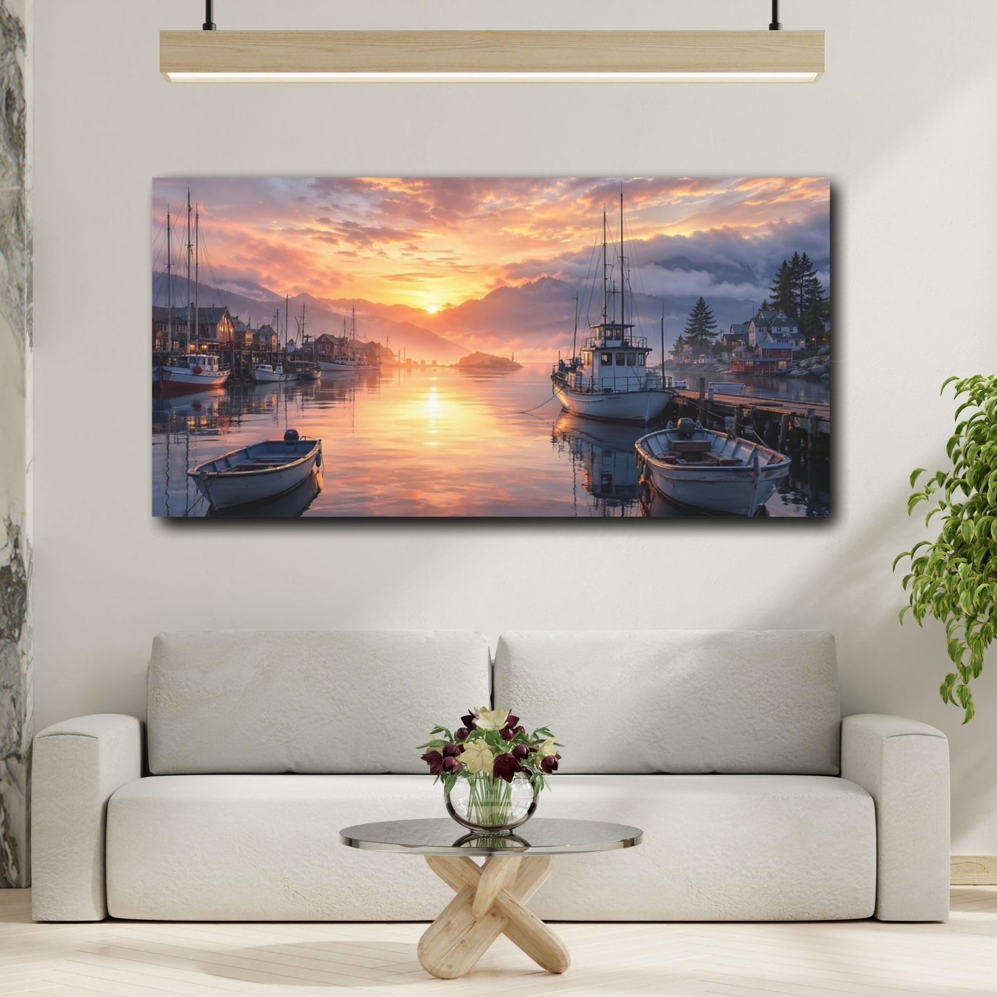 Mockup 3. Nature Coastal Harbor Golden Hour Harbor shown as stretched canvas wall art