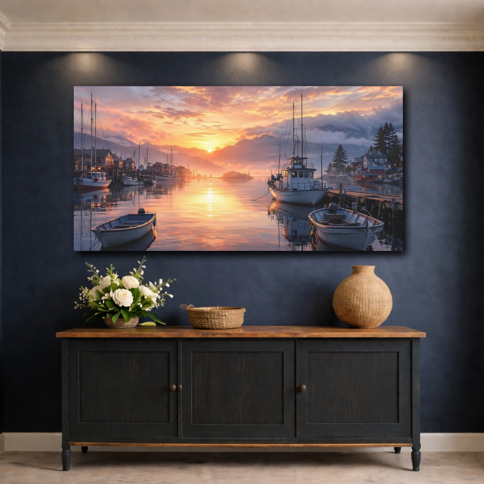 Mockup 4. Nature Coastal Harbor Golden Hour Harbor shown as stretched canvas wall art