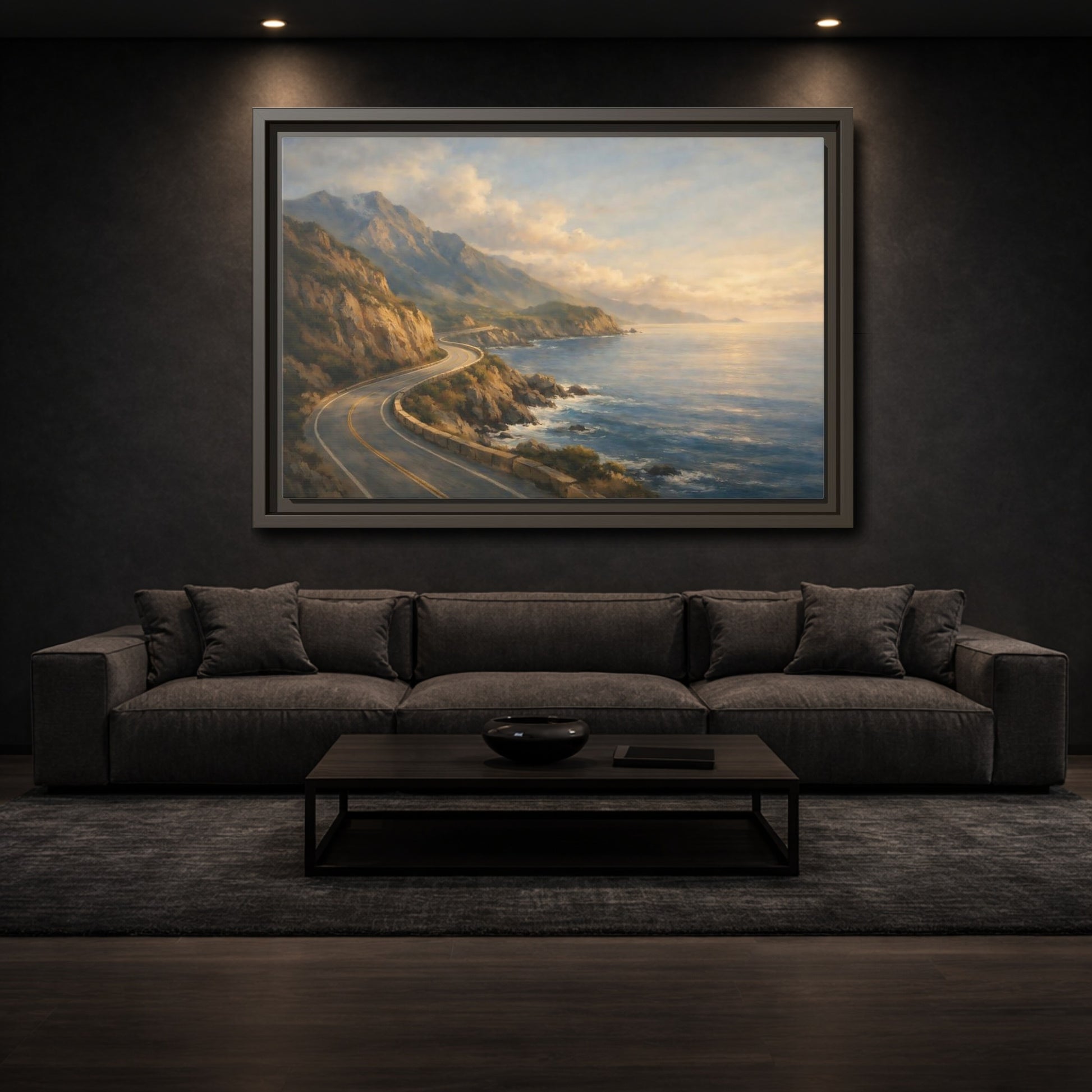 Mockup 2. Nature Coastal Highway Golden Coastal Landscape shown as stretched canvas wall art
