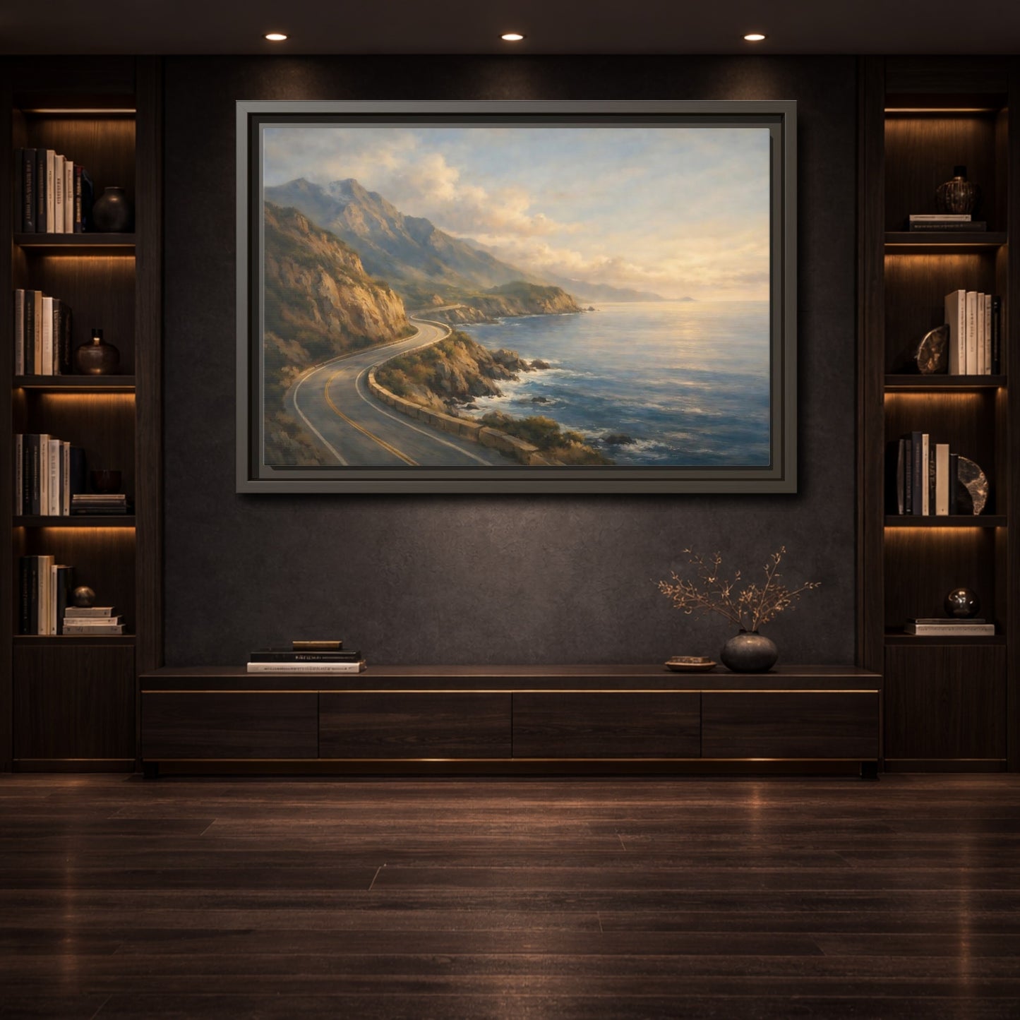 Mockup 3. Nature Coastal Highway Golden Coastal Landscape shown as stretched canvas wall art