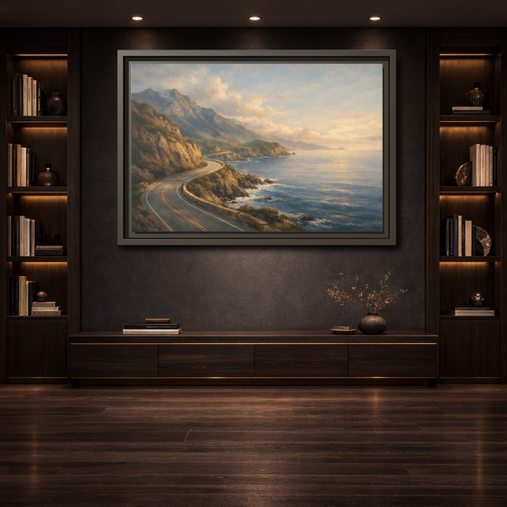 Mockup 3. Nature Coastal Highway Golden Coastal Landscape shown as stretched canvas wall art