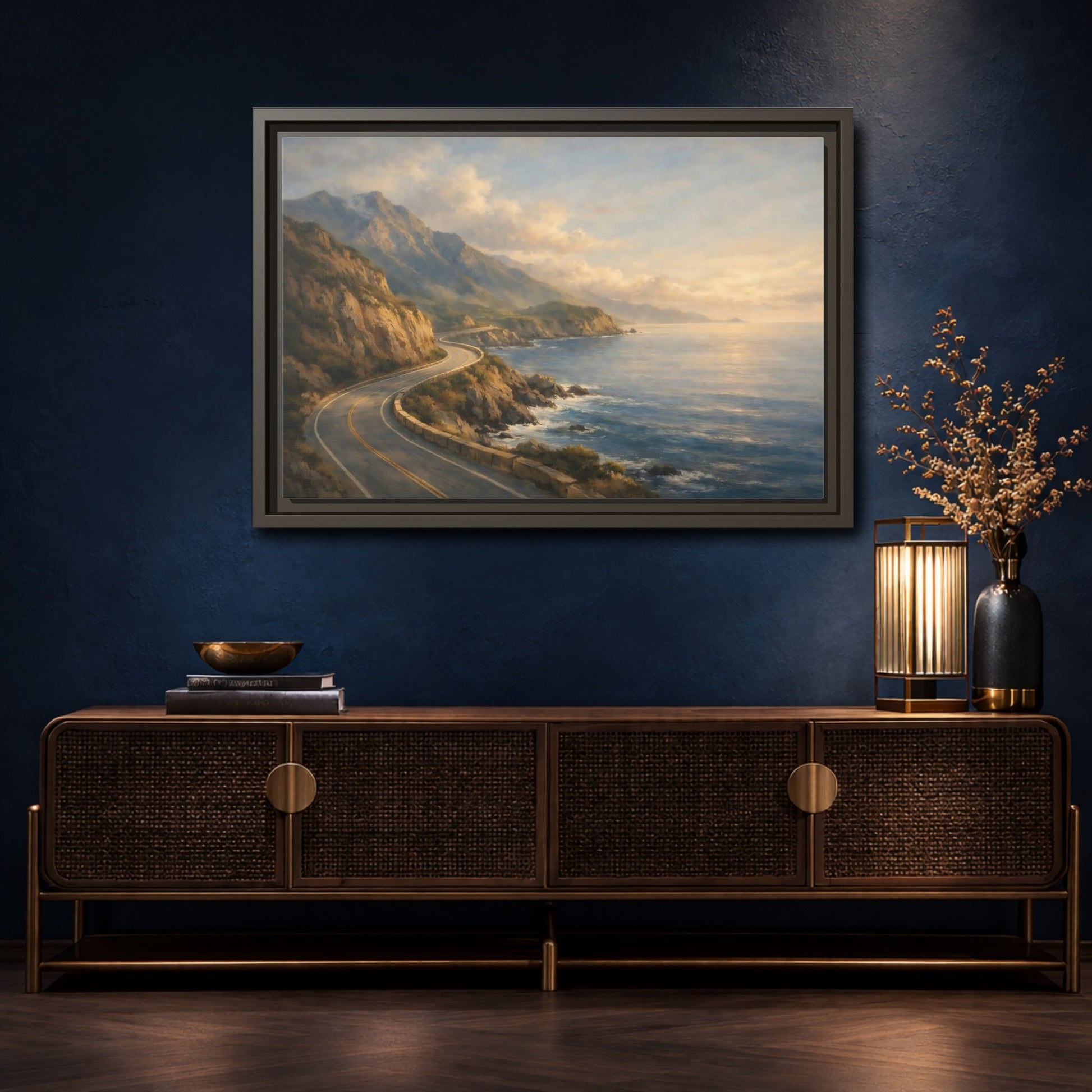 Mockup 4. Nature Coastal Highway Golden Coastal Landscape shown as stretched canvas wall art
