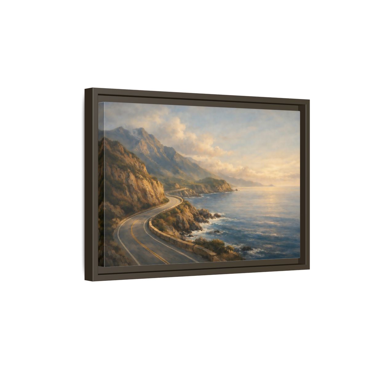 Side Mockup 5. Nature Coastal Highway Golden Coastal Landscape shown as stretched canvas wall art