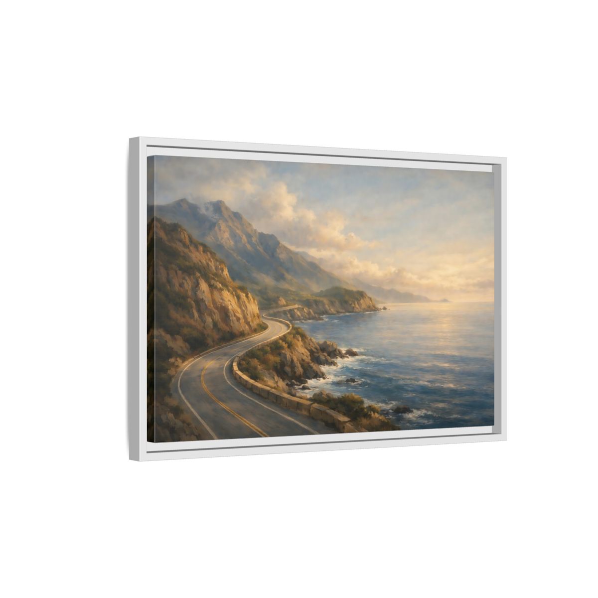 Side Mockup 1. Nature Coastal Highway Golden Coastal Landscape shown as stretched canvas wall art