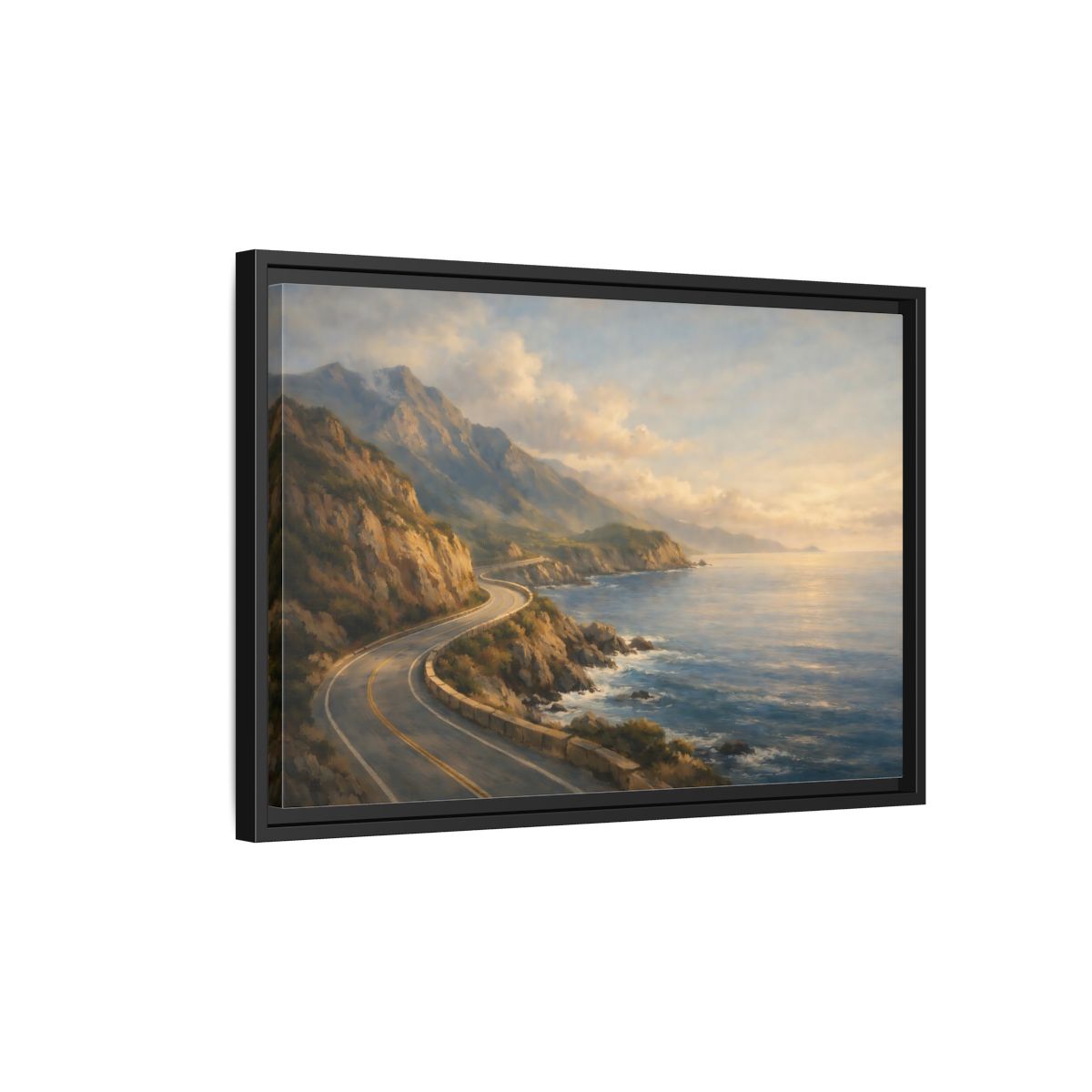 Side Mockup 3. Nature Coastal Highway Golden Coastal Landscape shown as stretched canvas wall art