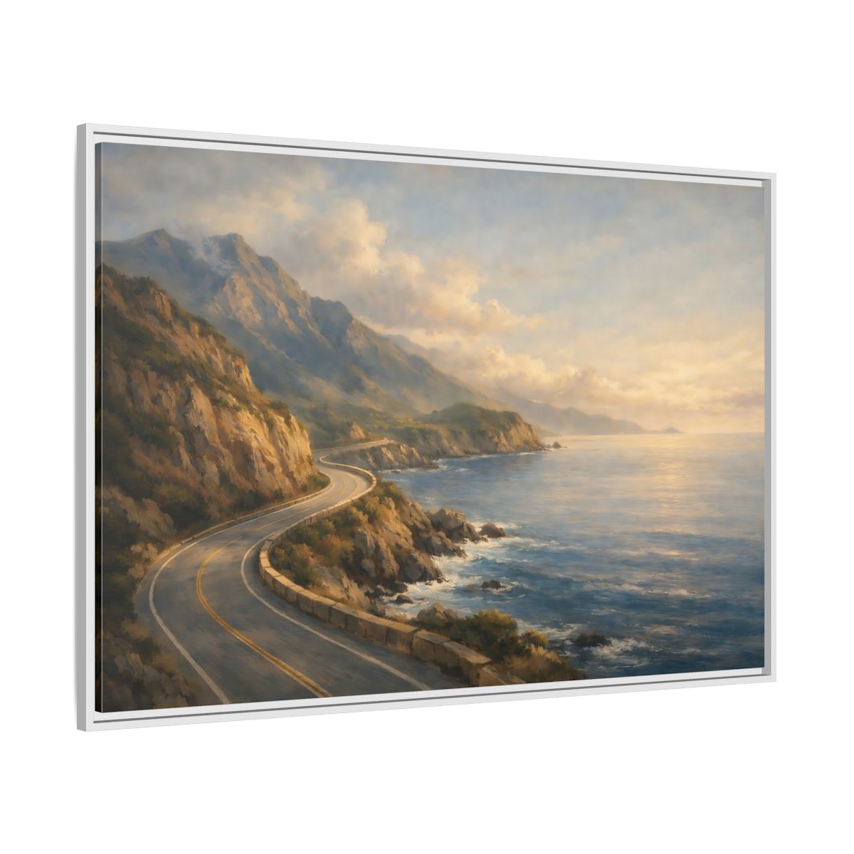 Side Mockup 7. Nature Coastal Highway Golden Coastal Landscape shown as stretched canvas wall art