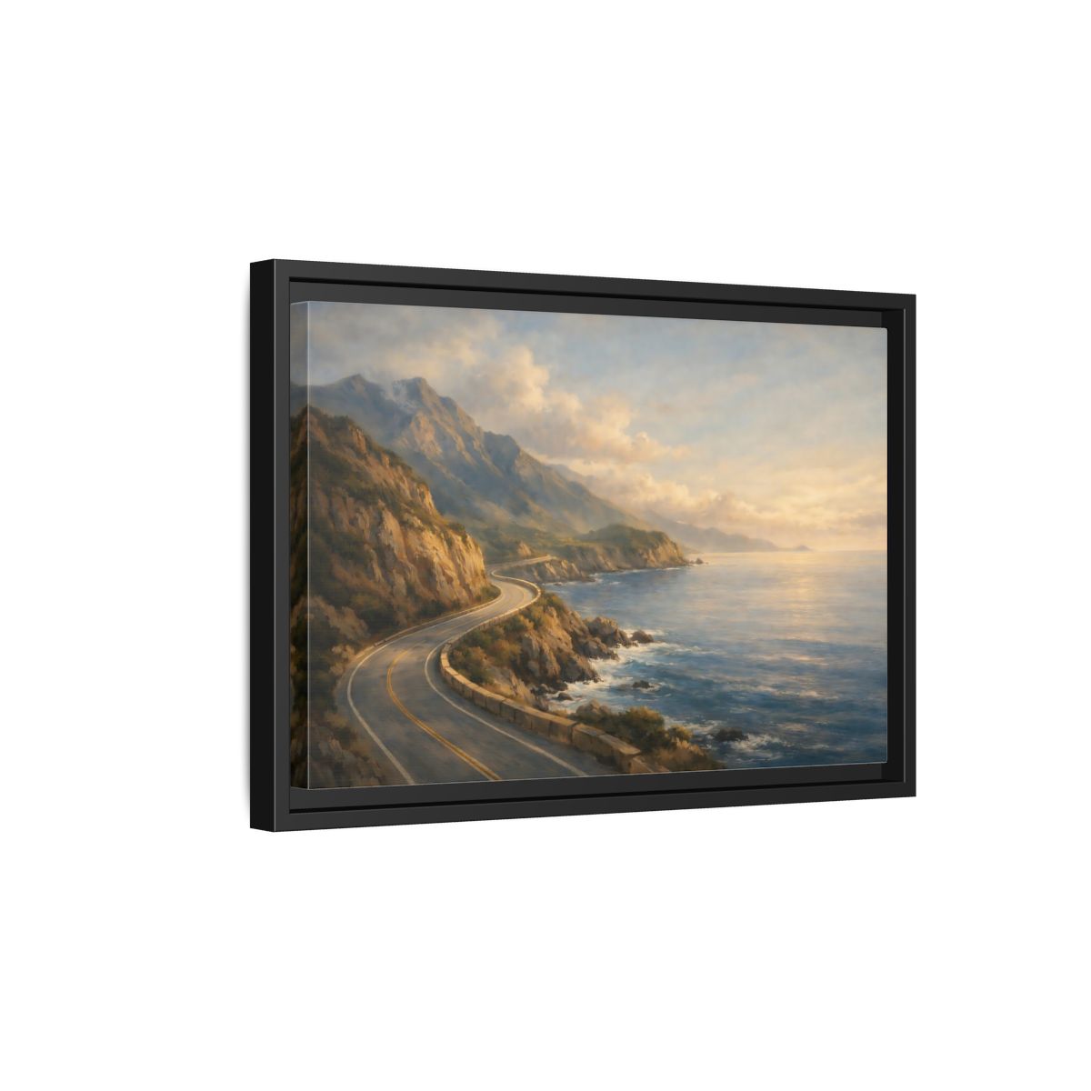Side Mockup 6. Nature Coastal Highway Golden Coastal Landscape shown as stretched canvas wall art