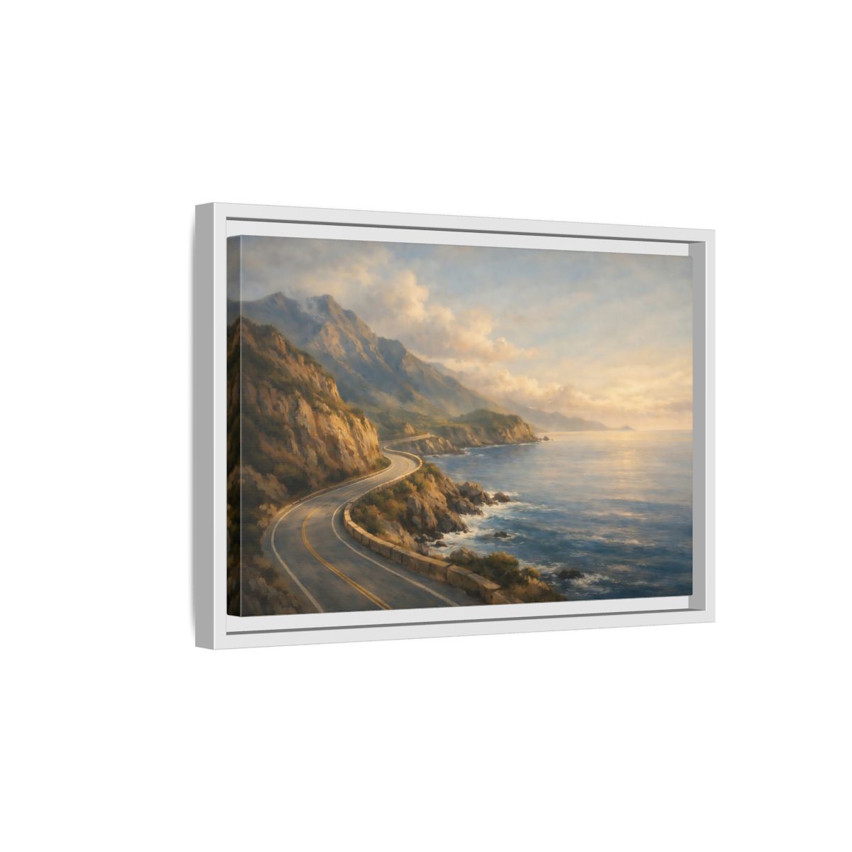 Side Mockup 4. Nature Coastal Highway Golden Coastal Landscape shown as stretched canvas wall art