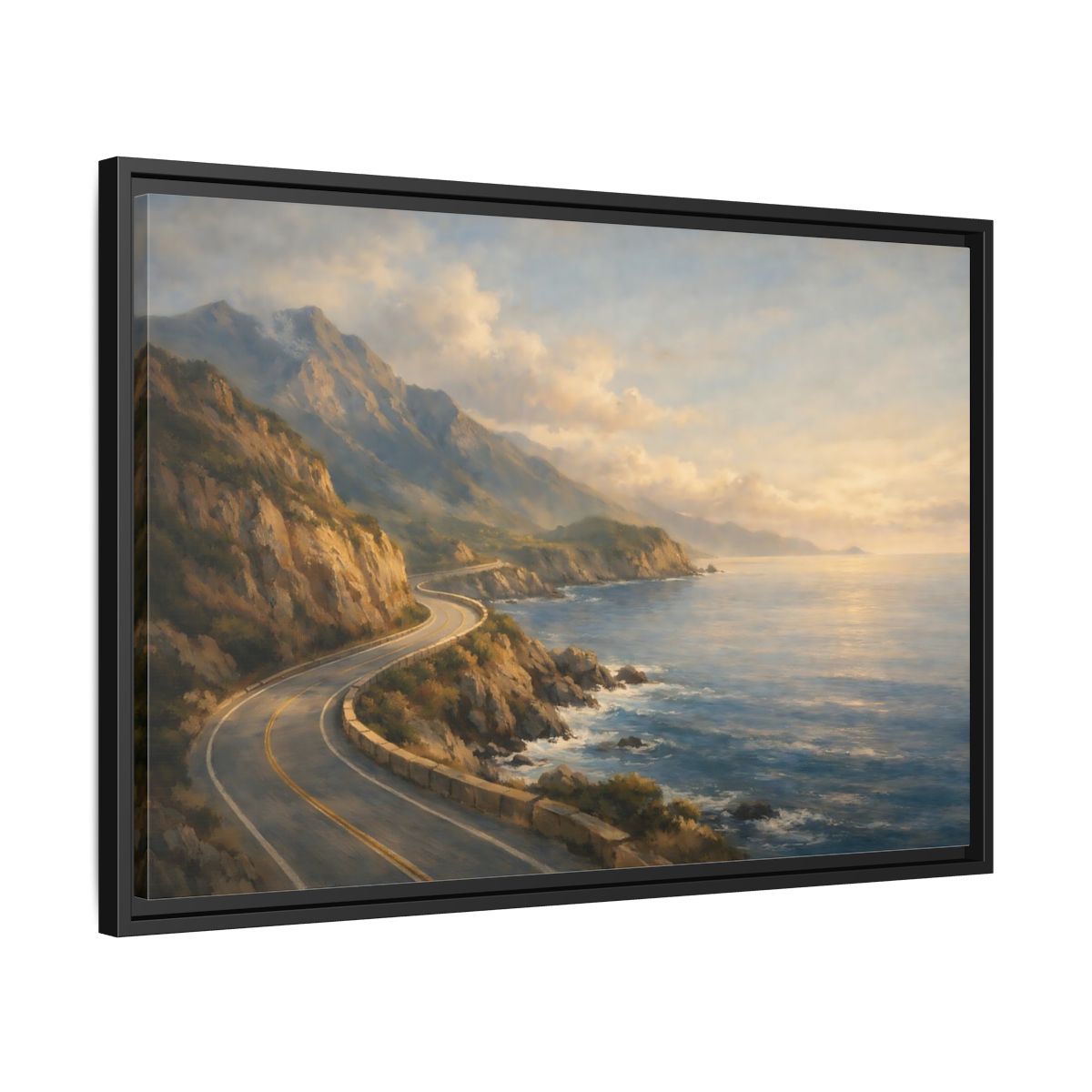 Side Mockup 14. Nature Coastal Highway Golden Coastal Landscape shown as stretched canvas wall art