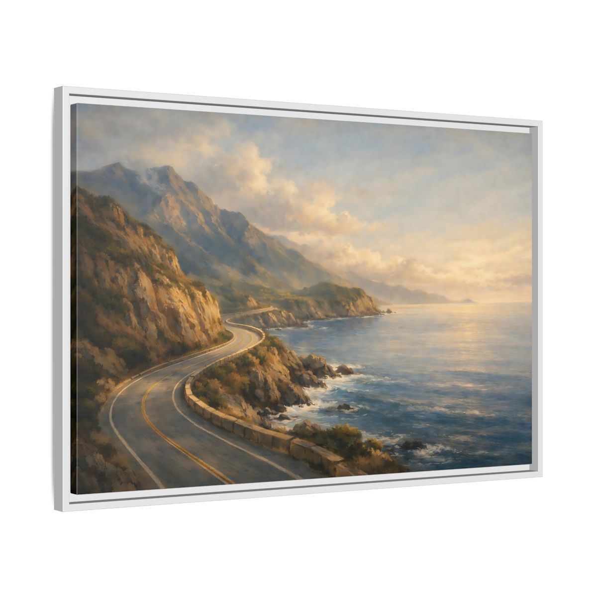 Side Mockup 8. Nature Coastal Highway Golden Coastal Landscape shown as stretched canvas wall art