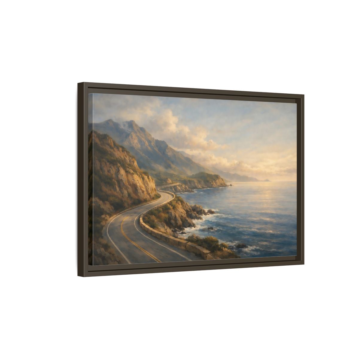 Side Mockup 2. Nature Coastal Highway Golden Coastal Landscape shown as stretched canvas wall art