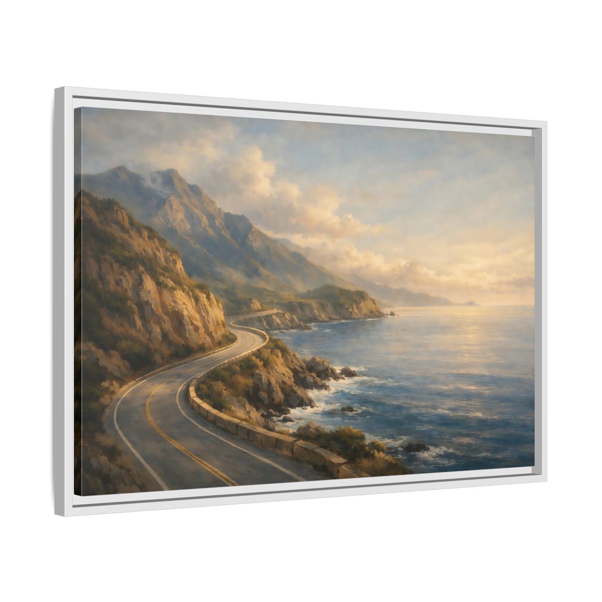 Side Mockup 10. Nature Coastal Highway Golden Coastal Landscape shown as stretched canvas wall art