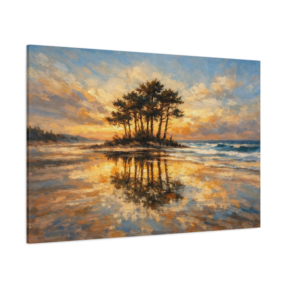 Main Mockup. Nature Coastal Island Golden Sunset Beach shown as stretched canvas wall art