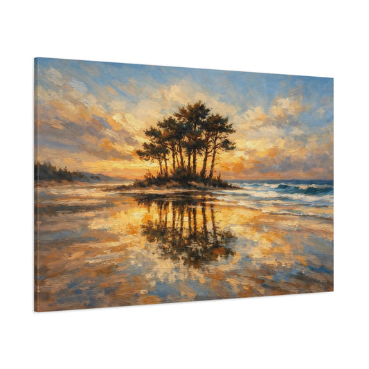Main Mockup. Nature Coastal Island Golden Sunset Beach shown as stretched canvas wall art