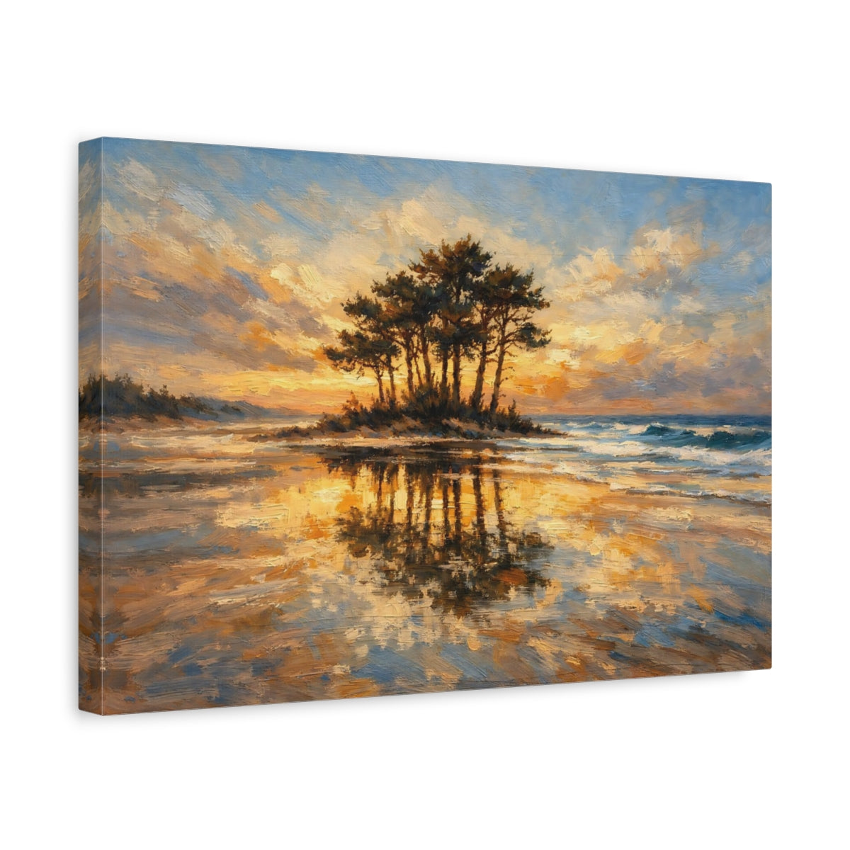 Side Mockup 4. Nature Coastal Island Golden Sunset Beach shown as stretched canvas wall art