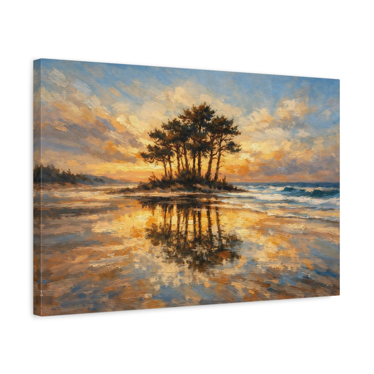 Side Mockup 3. Nature Coastal Island Golden Sunset Beach shown as stretched canvas wall art