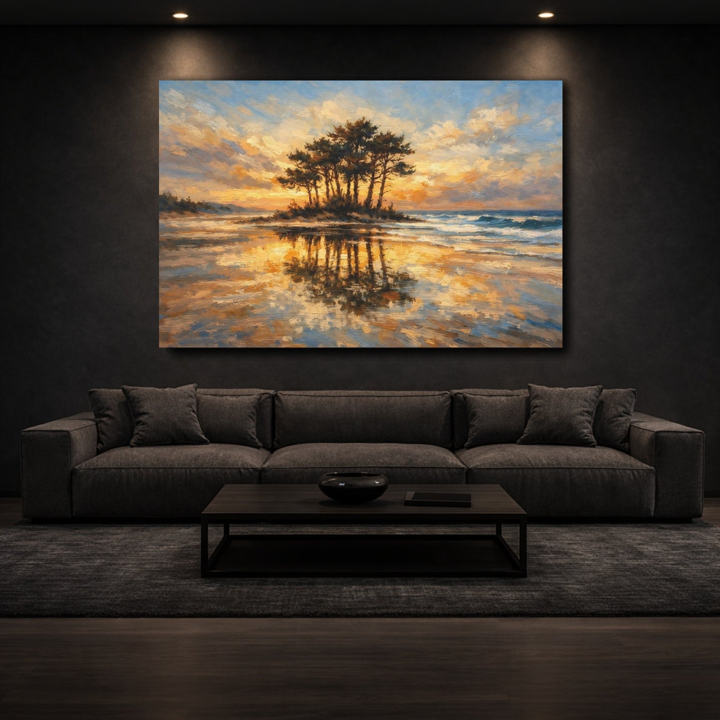 Mockup 2. Nature Coastal Island Golden Sunset Beach shown as stretched canvas wall art