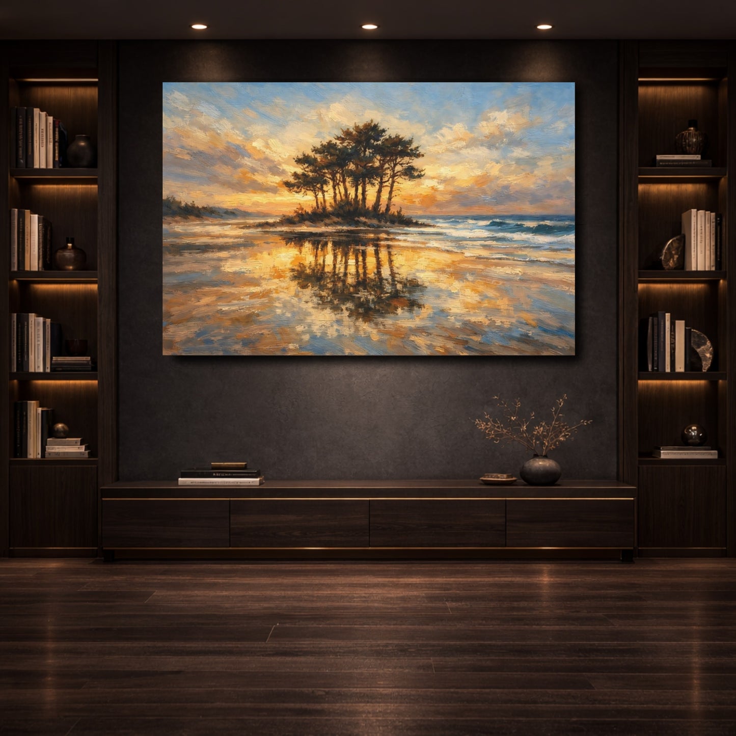 Mockup 3. Nature Coastal Island Golden Sunset Beach shown as stretched canvas wall art