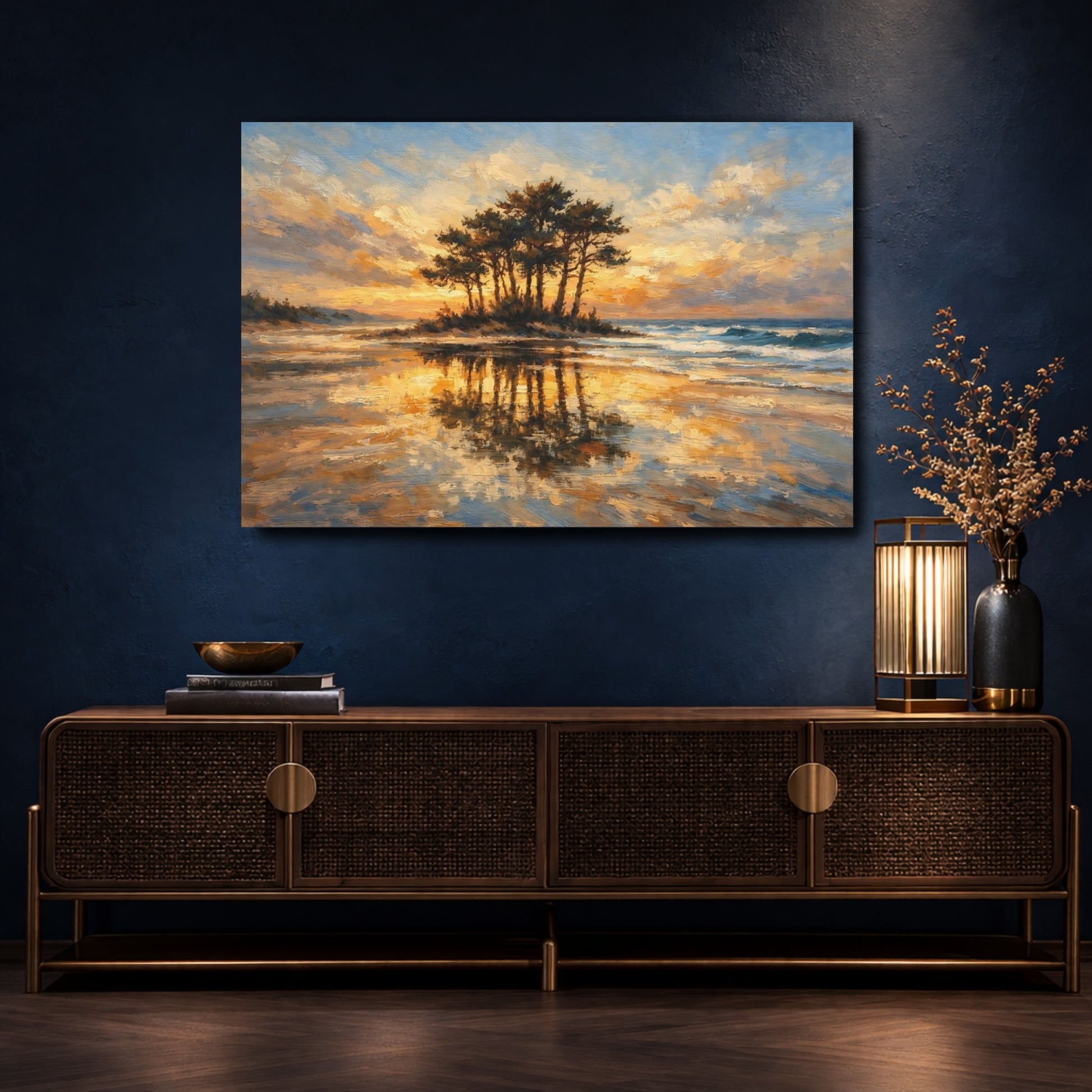 Mockup 4. Nature Coastal Island Golden Sunset Beach shown as stretched canvas wall art