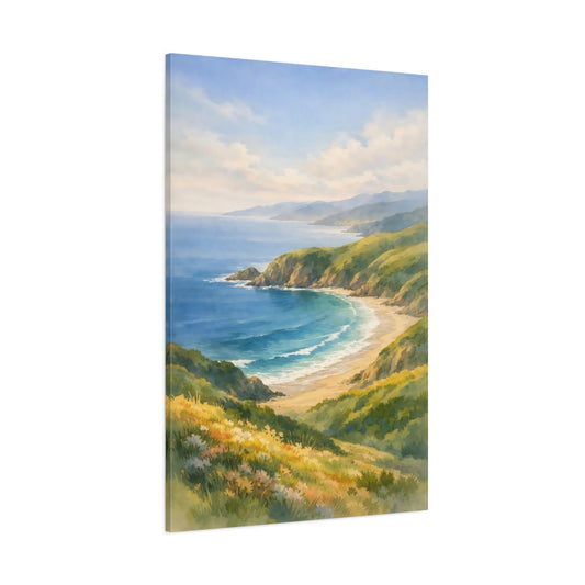 Main Mockup. Nature Coastal Landscape Blue And Green Landscape shown as stretched canvas wall art