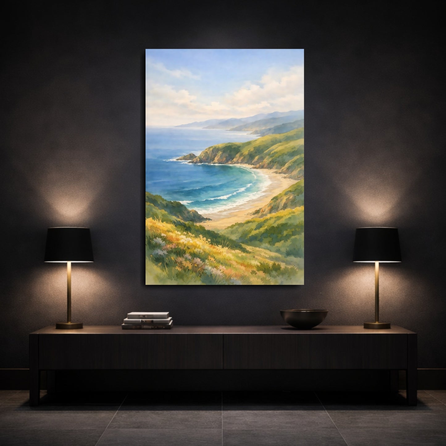 Mockup 2. Nature Coastal Landscape Blue And Green Landscape shown as stretched canvas wall art