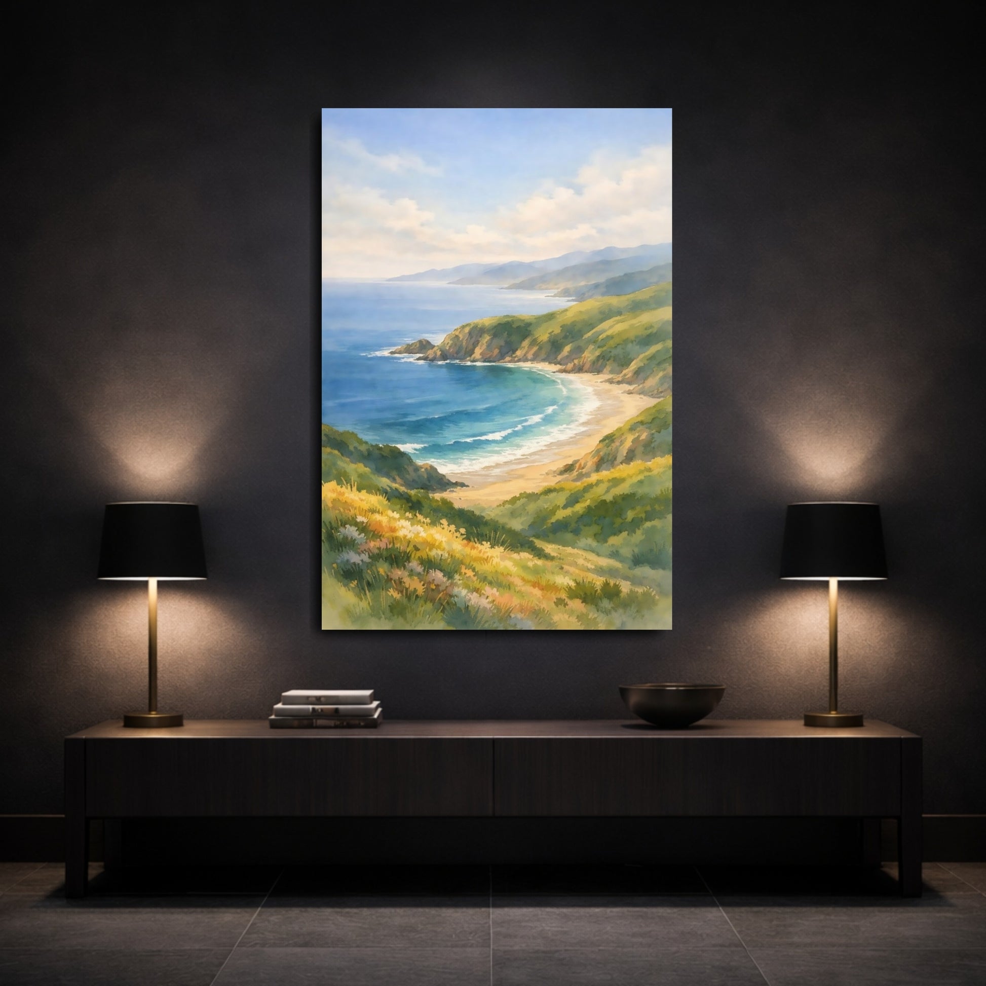 Mockup 2. Nature Coastal Landscape Blue And Green Landscape shown as stretched canvas wall art
