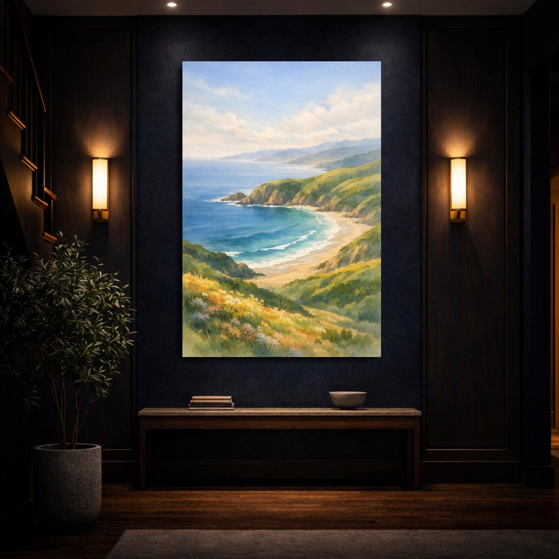 Mockup 3. Nature Coastal Landscape Blue And Green Landscape shown as stretched canvas wall art