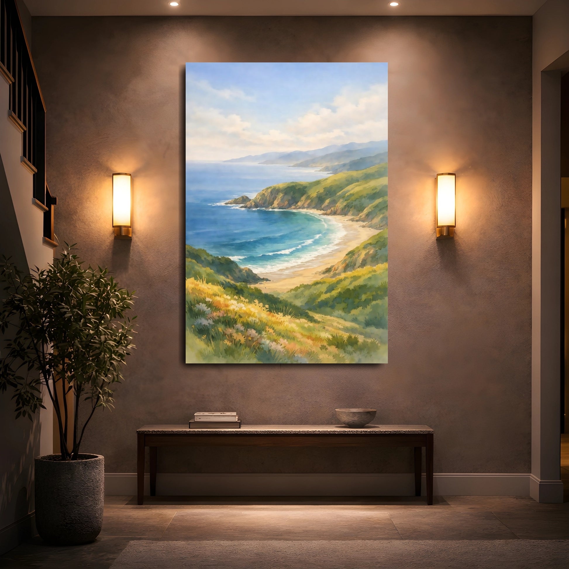 Mockup 4. Nature Coastal Landscape Blue And Green Landscape shown as stretched canvas wall art
