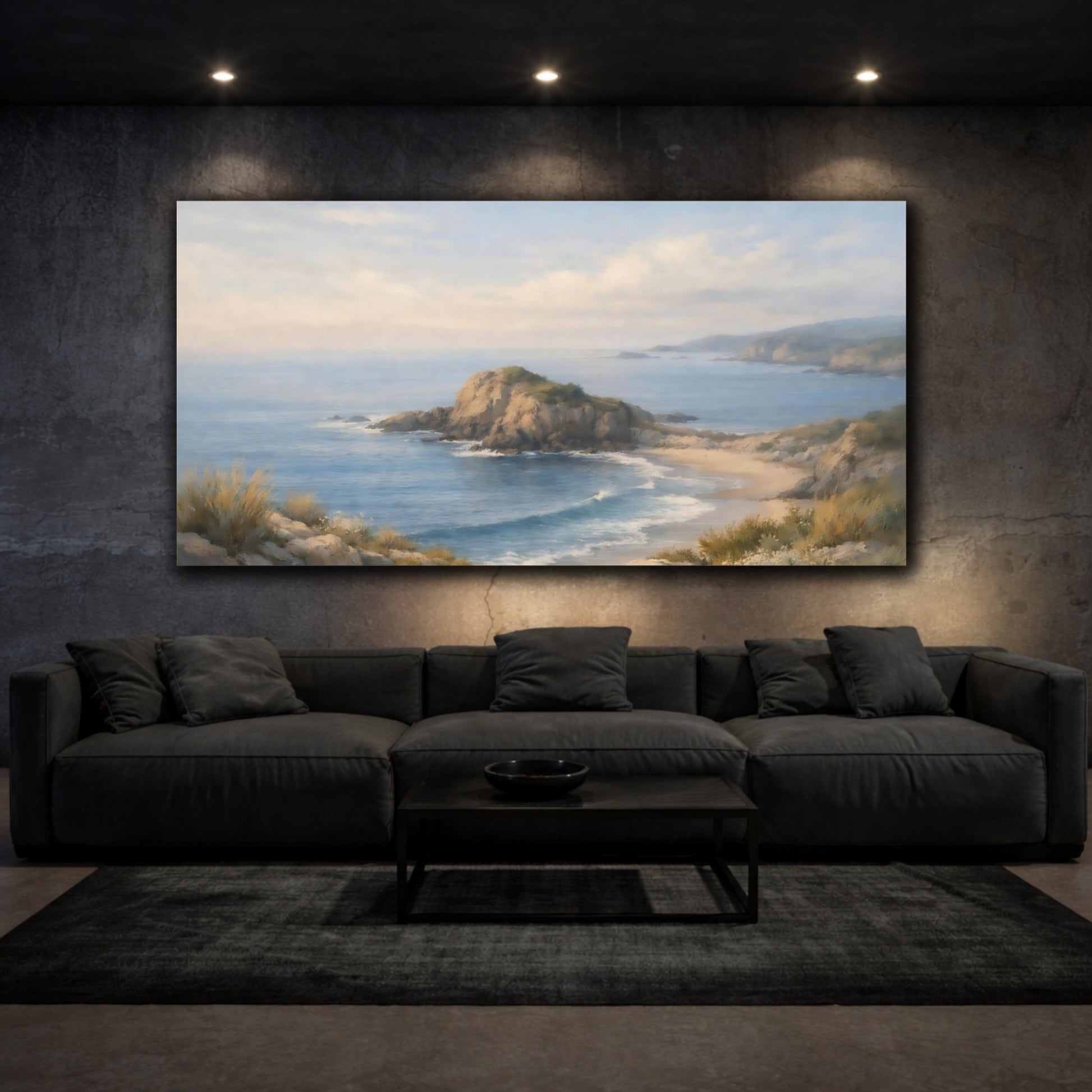 Mockup 2. Nature Coastal Landscape Blue Coastal Landscape shown as stretched canvas wall art