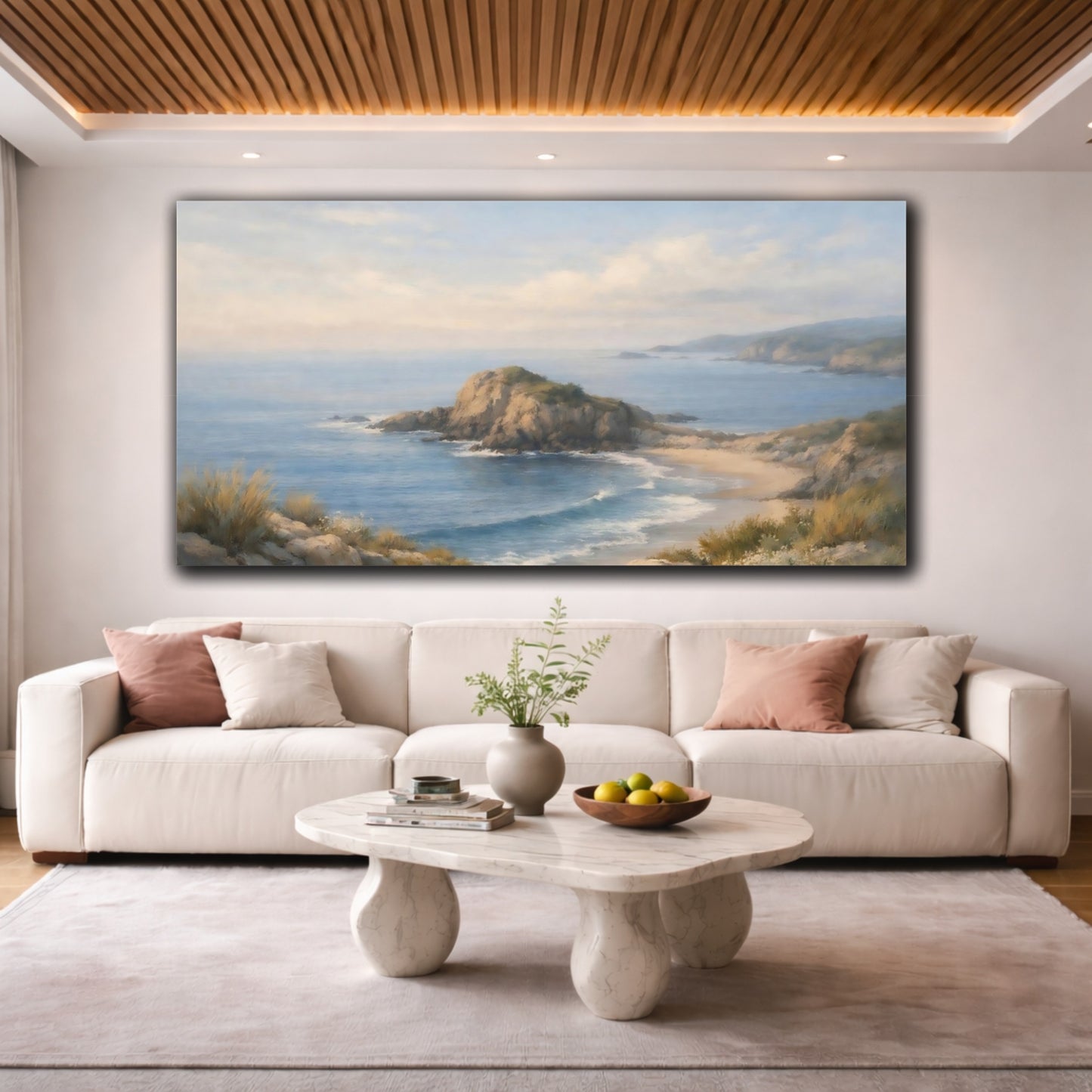 Mockup 3. Nature Coastal Landscape Blue Coastal Landscape shown as stretched canvas wall art