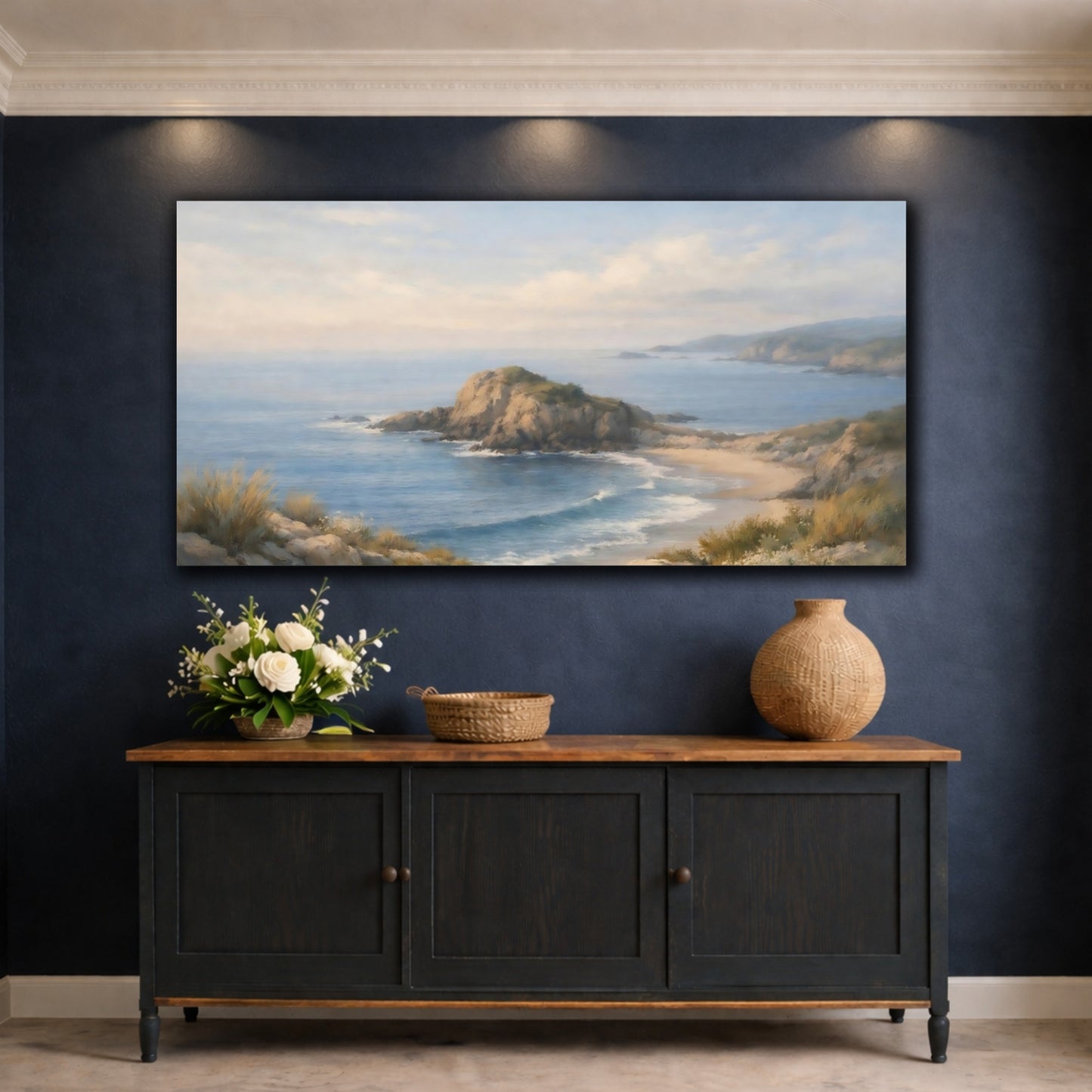 Mockup 4. Nature Coastal Landscape Blue Coastal Landscape shown as stretched canvas wall art