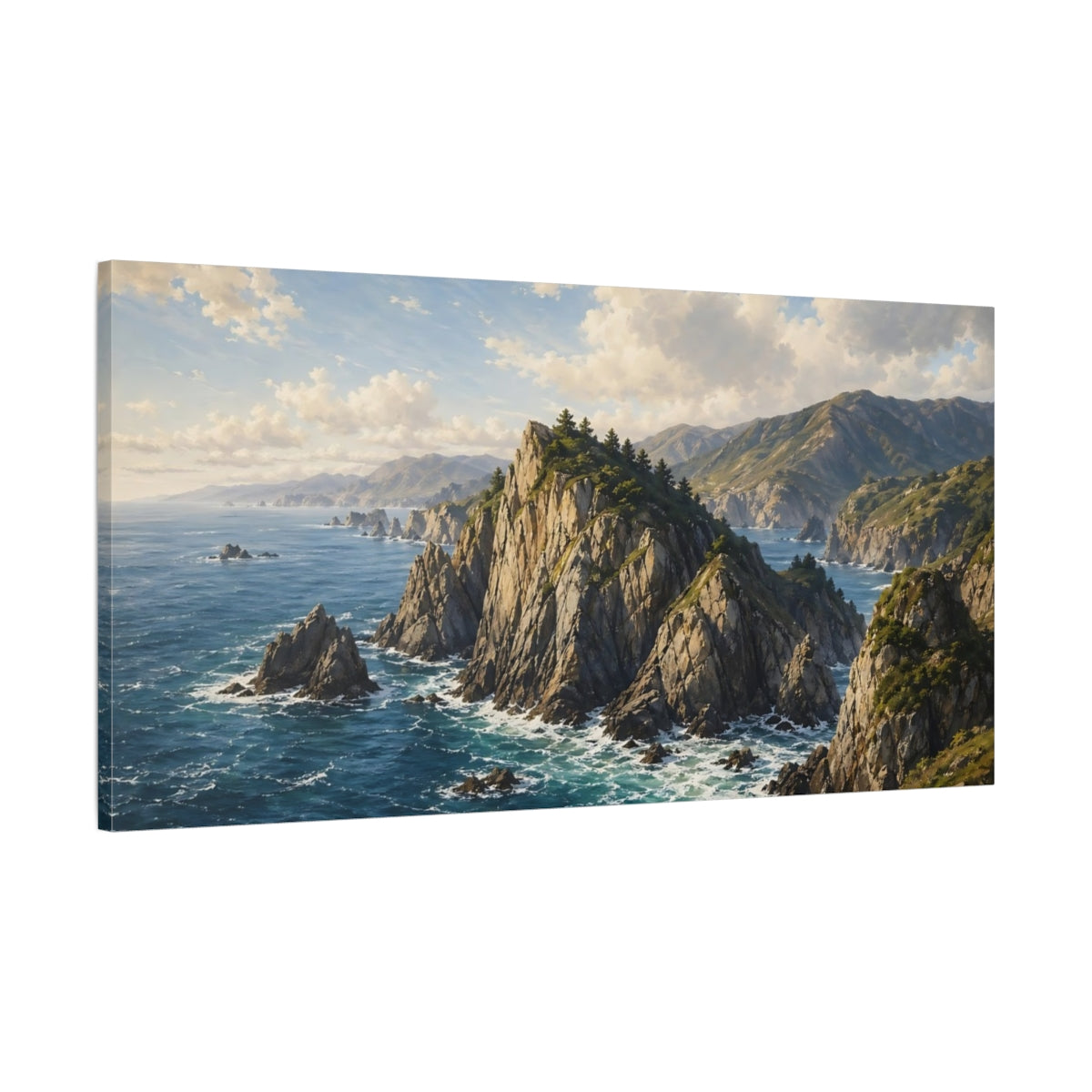 Main Mockup. Nature Coastal Landscape Blue Ocean shown as stretched canvas wall art