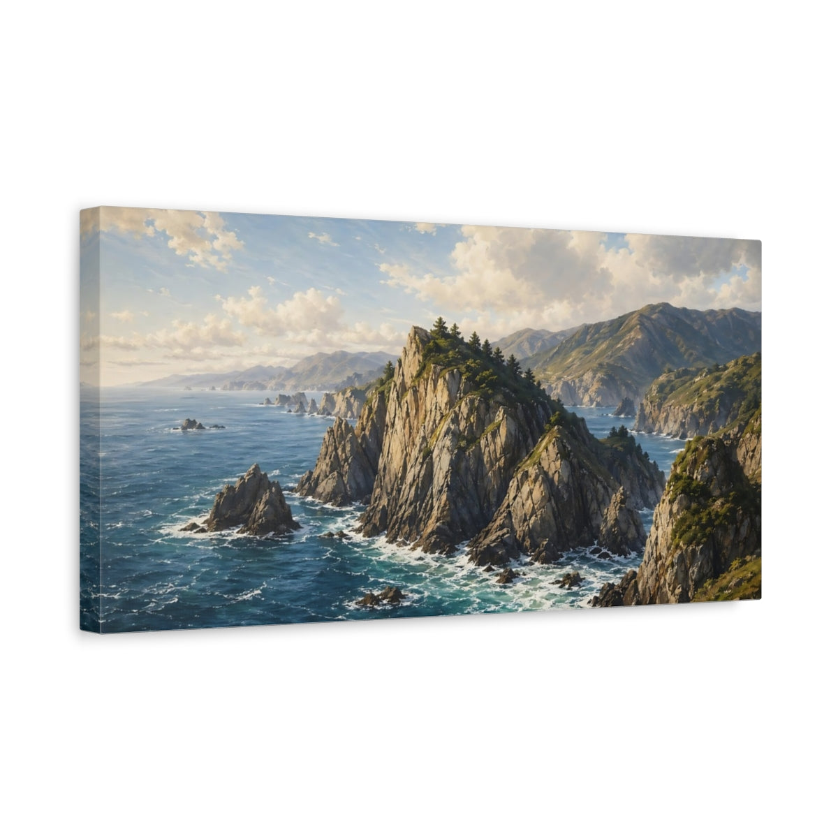 Side Mockup 3. Nature Coastal Landscape Blue Ocean shown as stretched canvas wall art