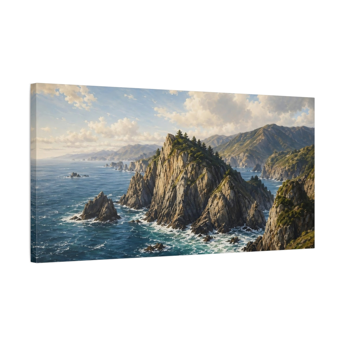 Side Mockup 1. Nature Coastal Landscape Blue Ocean shown as stretched canvas wall art