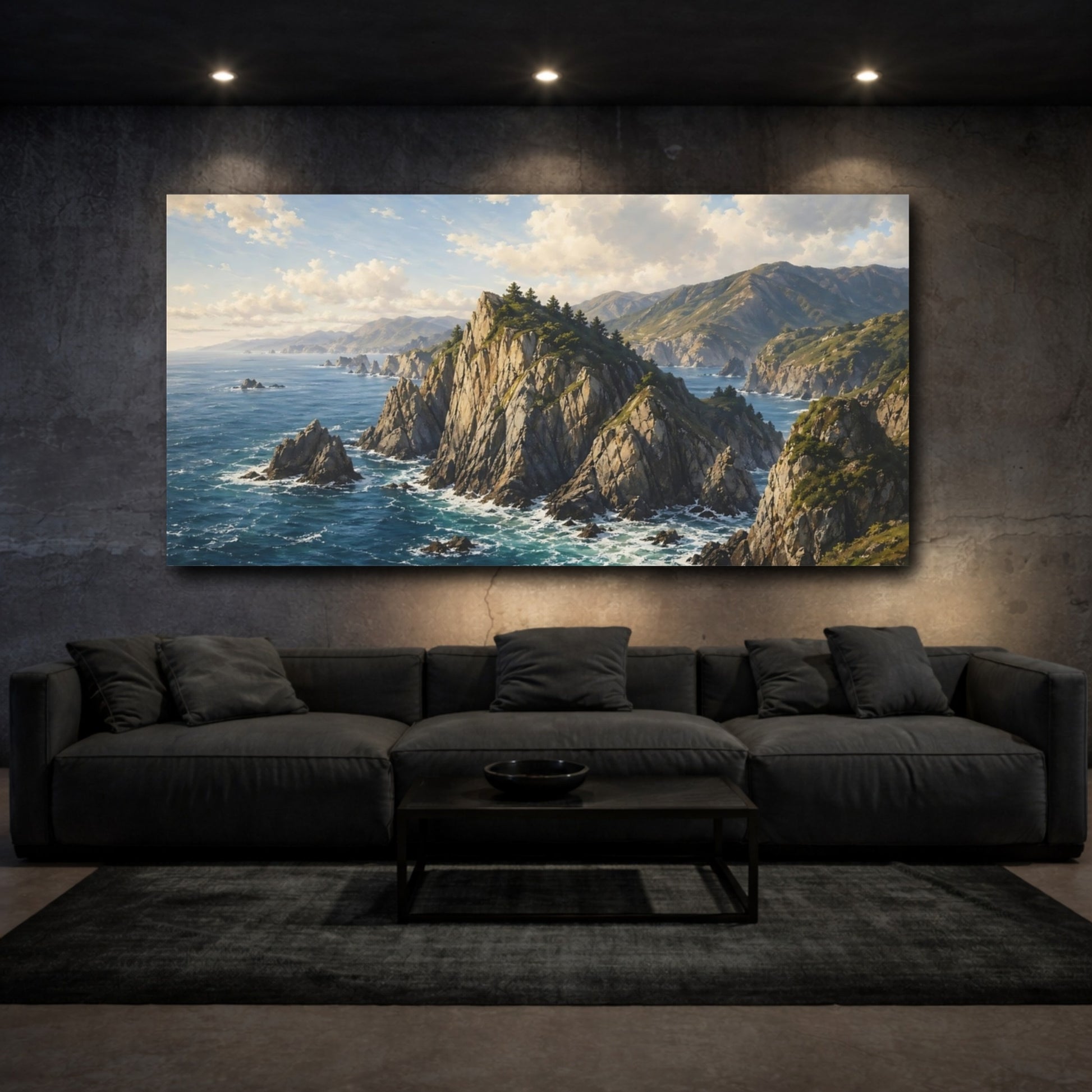 Mockup 2. Nature Coastal Landscape Blue Ocean shown as stretched canvas wall art