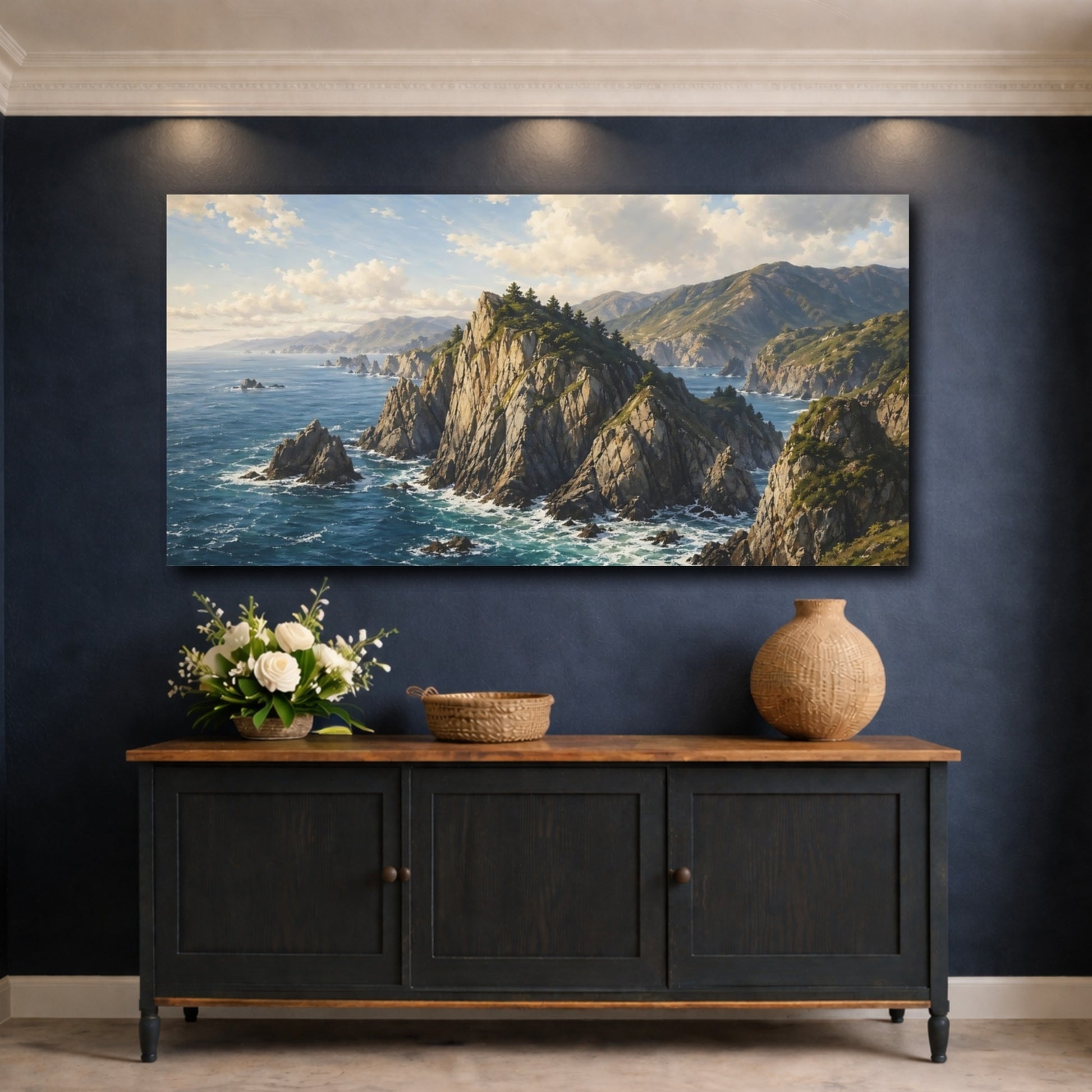 Mockup 4. Nature Coastal Landscape Blue Ocean shown as stretched canvas wall art