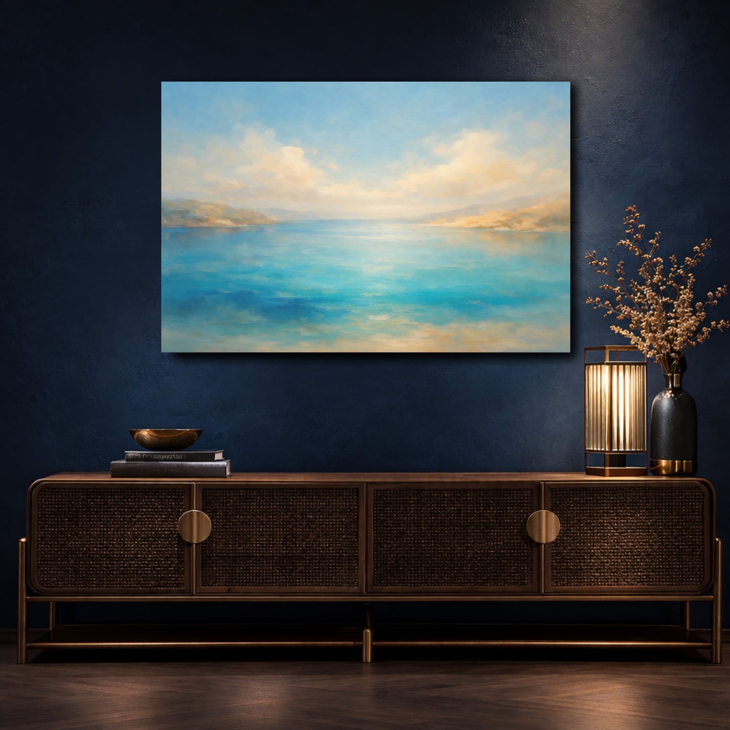 Mockup 4. Nature Coastal Landscape Blue Seascape shown as stretched canvas wall art
