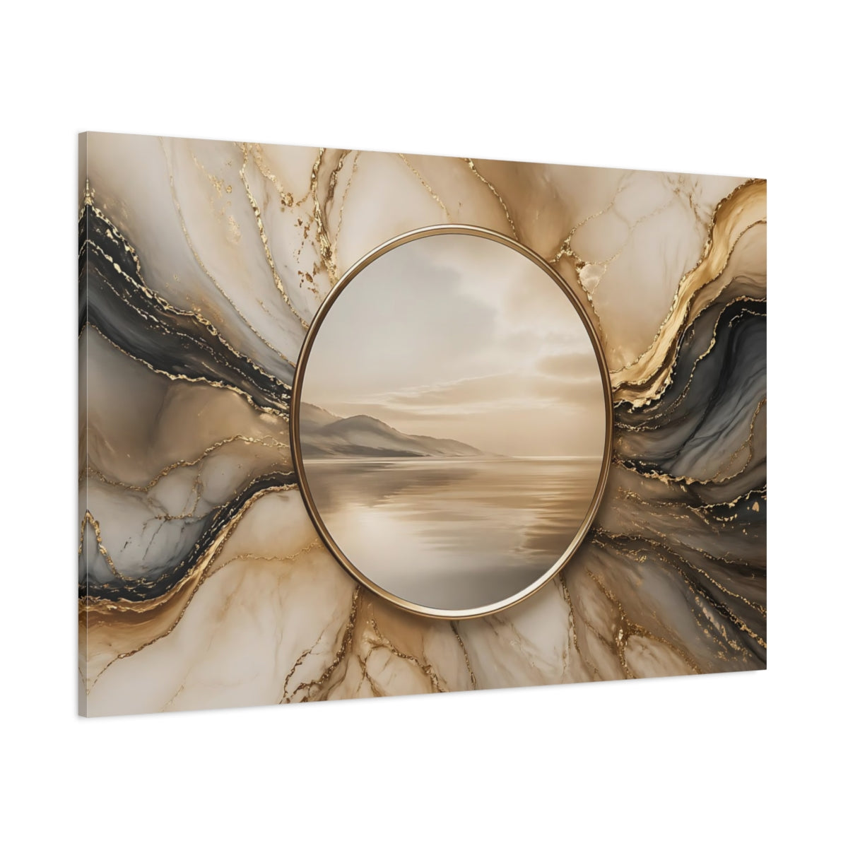 Side Mockup 1. Nature Coastal Landscape Gold And Marble shown as stretched canvas wall art