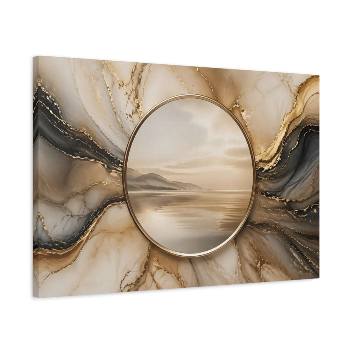 Side Mockup 2. Nature Coastal Landscape Gold And Marble shown as stretched canvas wall art