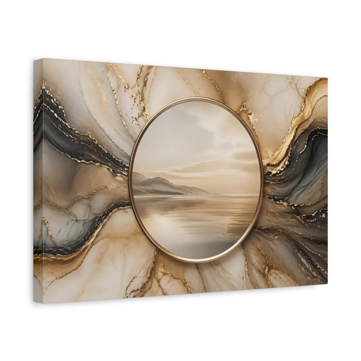 Side Mockup 4. Nature Coastal Landscape Gold And Marble shown as stretched canvas wall art