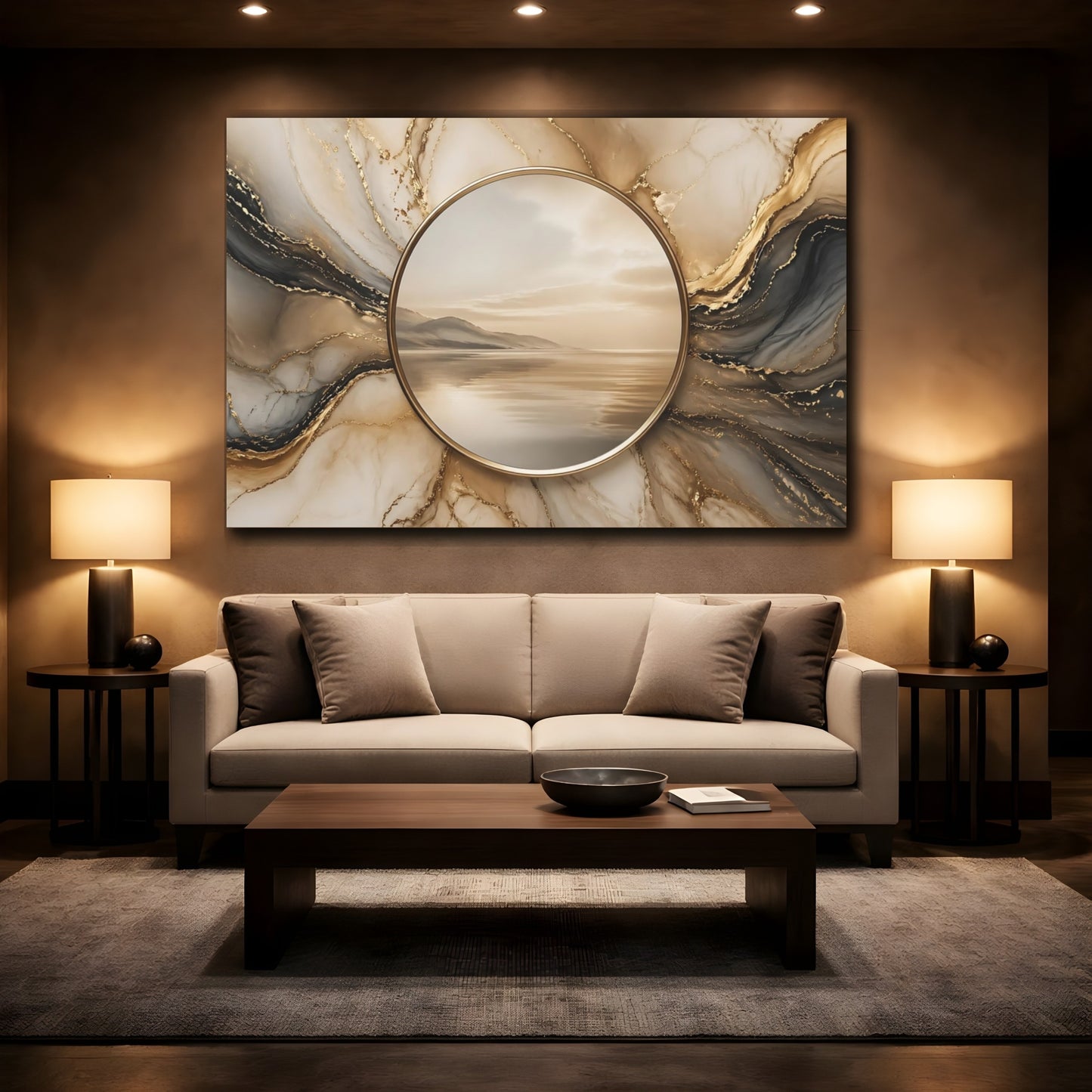 Mockup 2. Nature Coastal Landscape Gold And Marble shown as stretched canvas wall art