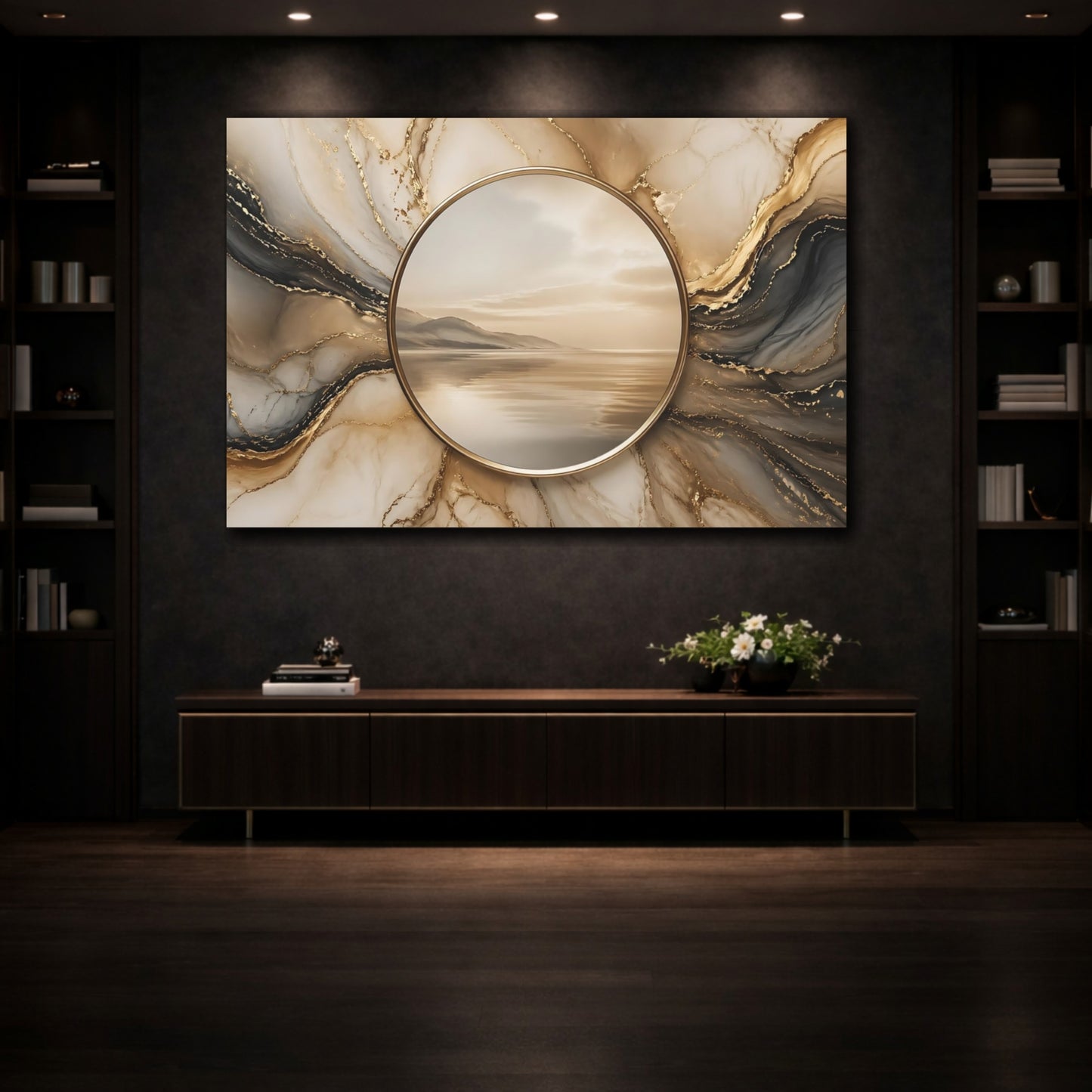 Mockup 3. Nature Coastal Landscape Gold And Marble shown as stretched canvas wall art