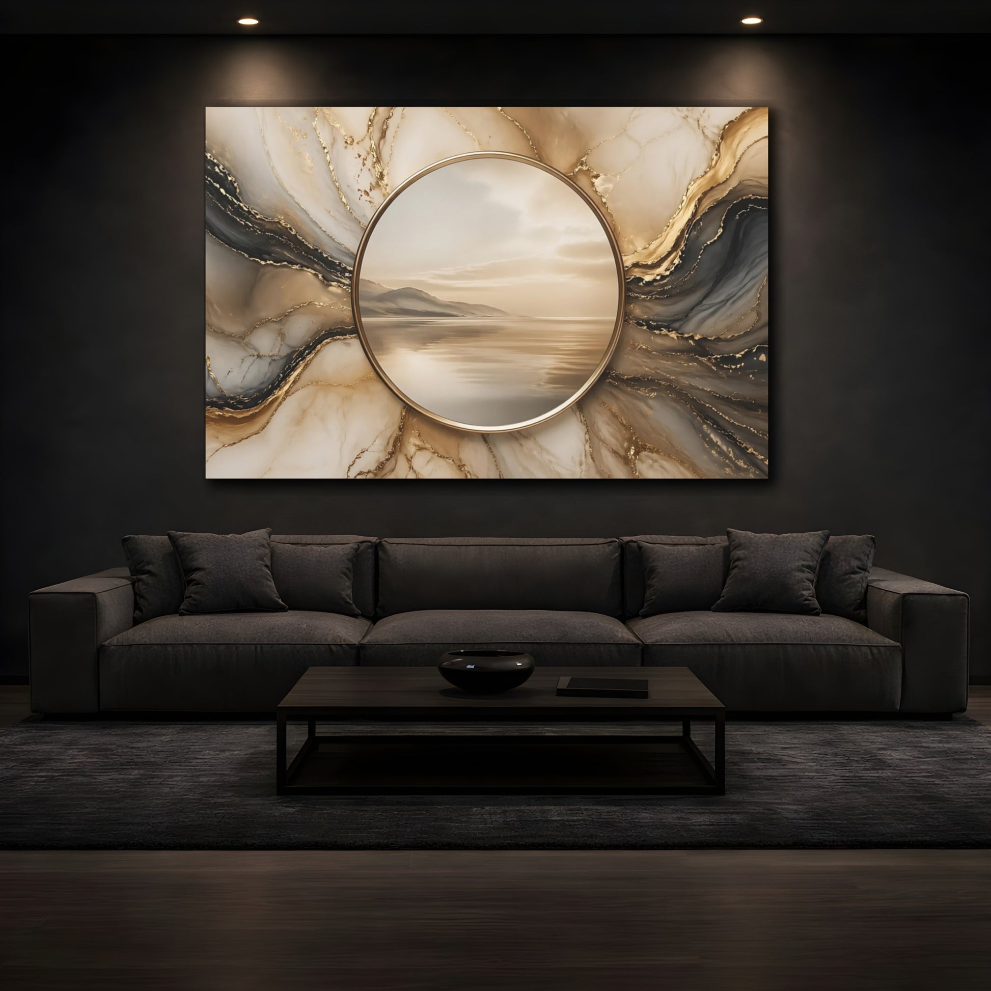 Mockup 4. Nature Coastal Landscape Gold And Marble shown as stretched canvas wall art