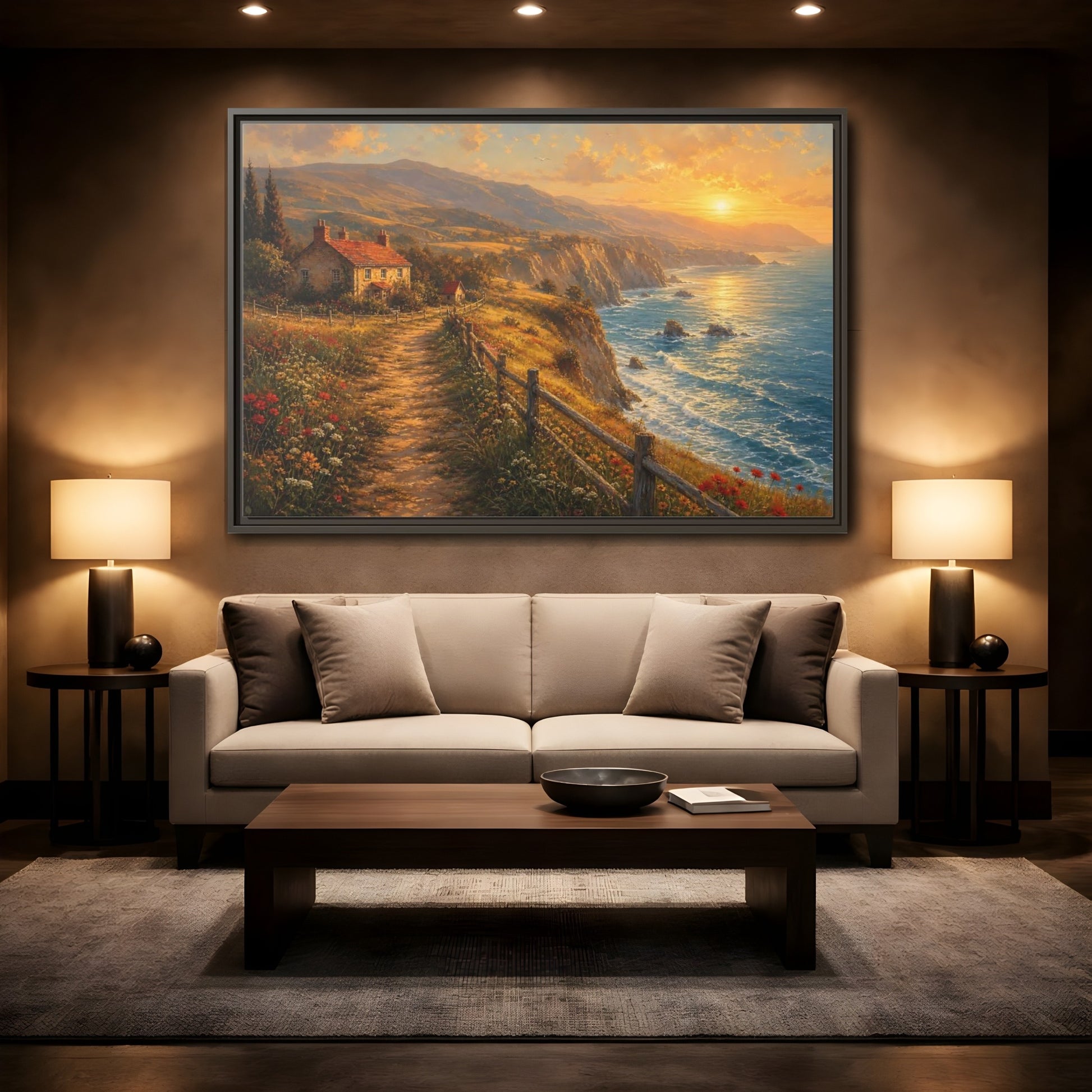 Mockup 2. Nature Coastal Landscape Golden Coastal shown as stretched canvas wall art