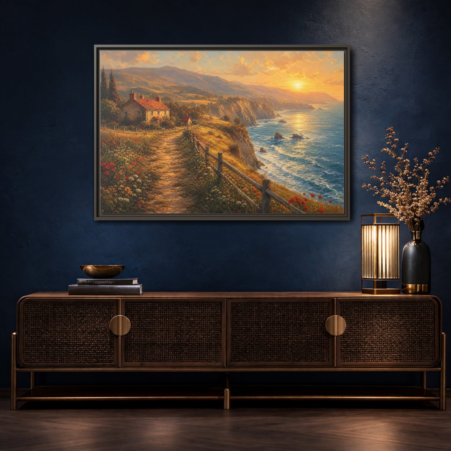 Mockup 4. Nature Coastal Landscape Golden Coastal shown as stretched canvas wall art