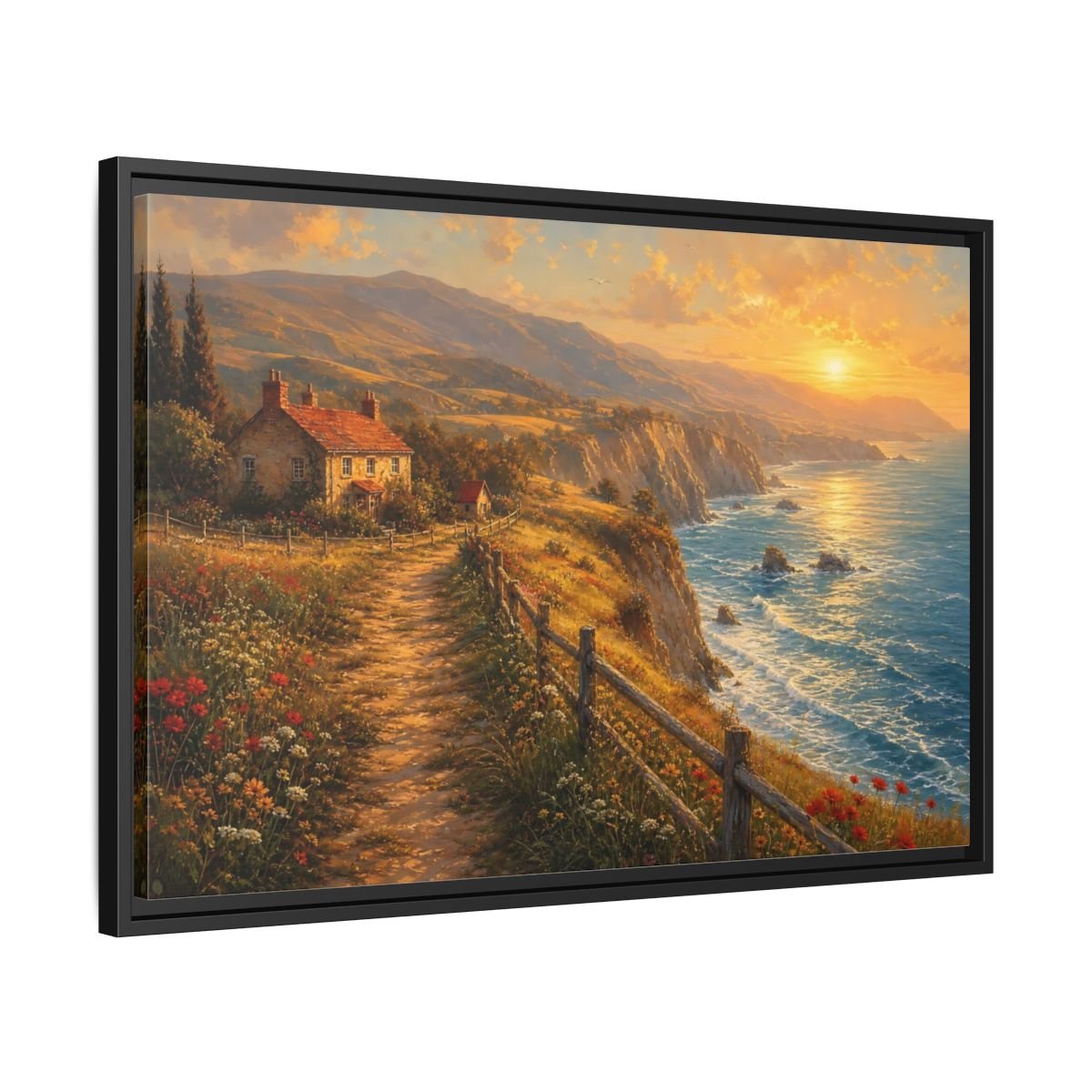 Nature Coastal Landscape Golden Framed Canvas Print – Impressionistic Decor for Living Room, Above Console Table - YesArtYes
