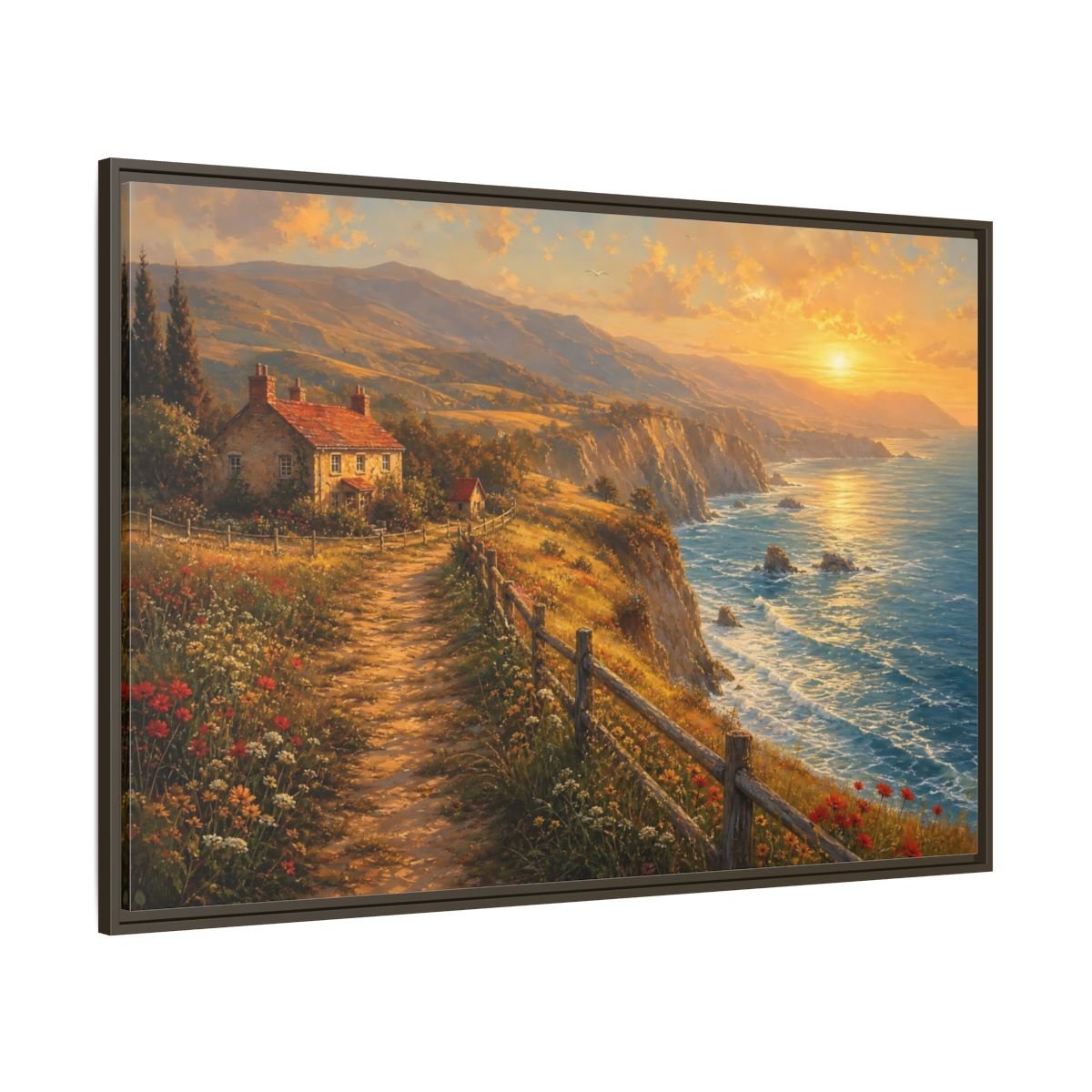 Nature Coastal Landscape Golden Framed Canvas Print – Impressionistic Decor for Living Room, Above Console Table - YesArtYes